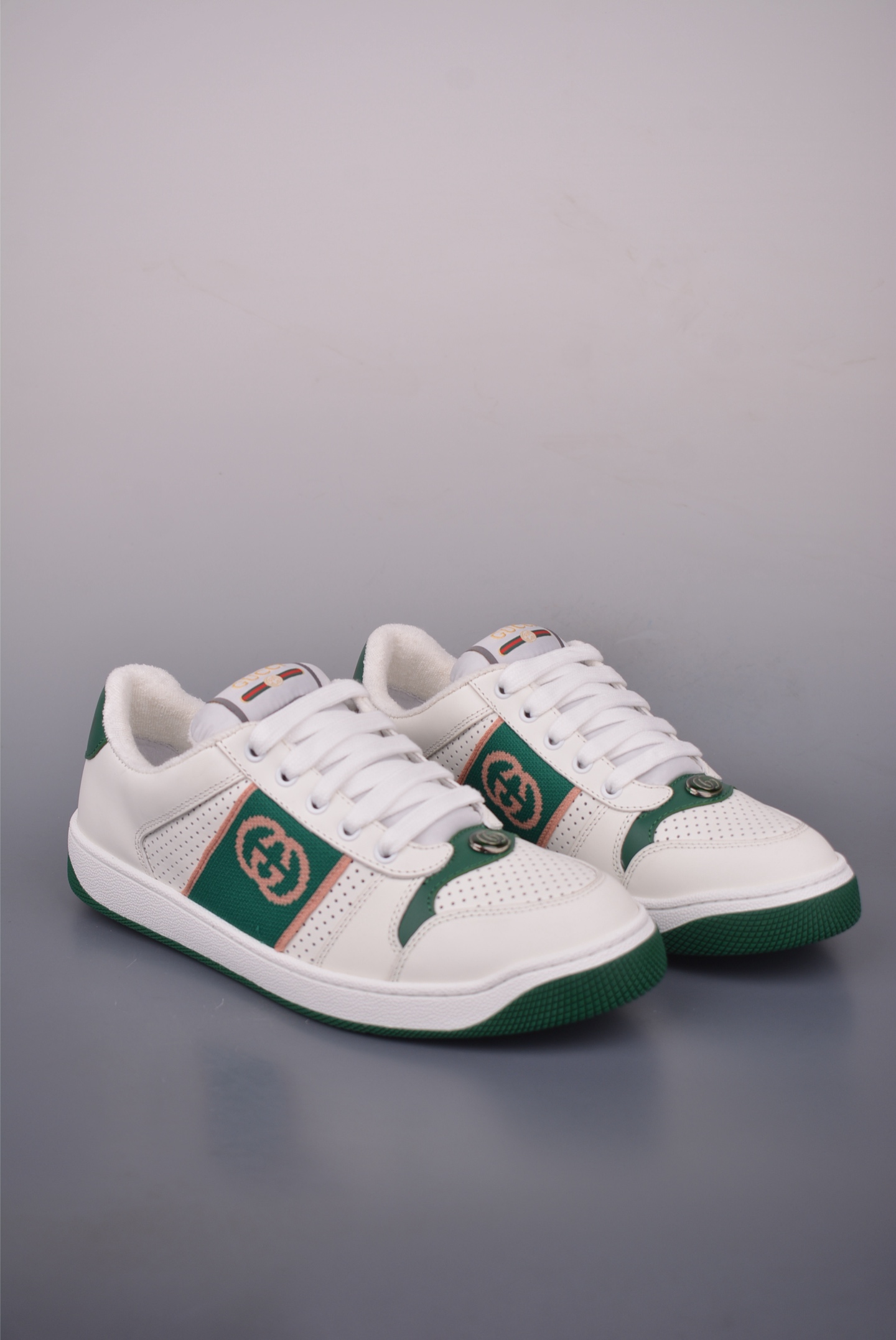 Gucci Screener Leather Sneaker with Green and Orange Web and Enamel Detail