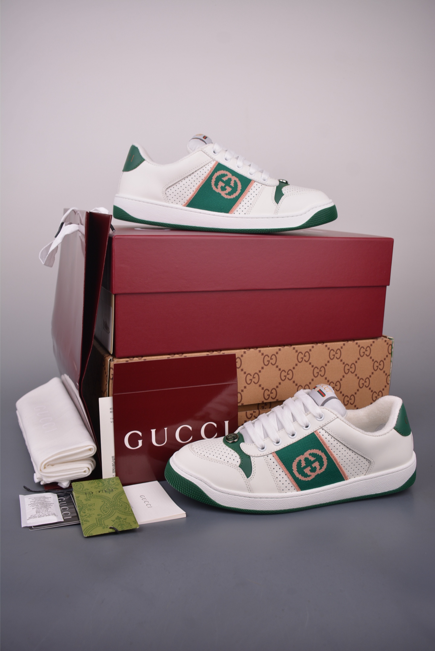 Gucci Screener Leather Sneaker with Green and Orange Web and Enamel Detail 5 i1759283232722 4575 0 4