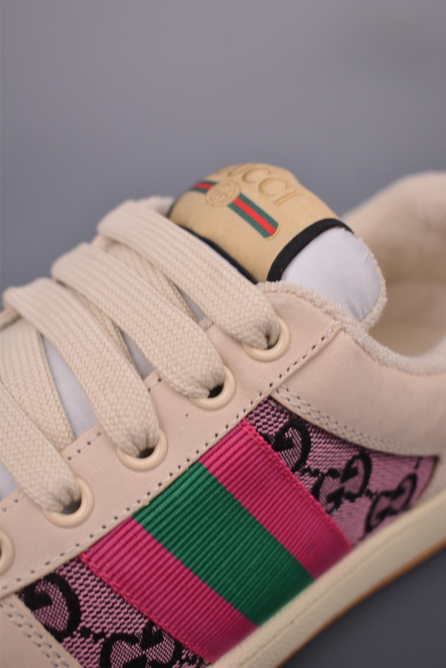 Gucci Screener Sneaker Dirty Effect Leather Trim GG Canvas -Pink/Green 8 i1759283529035 4798 0 6