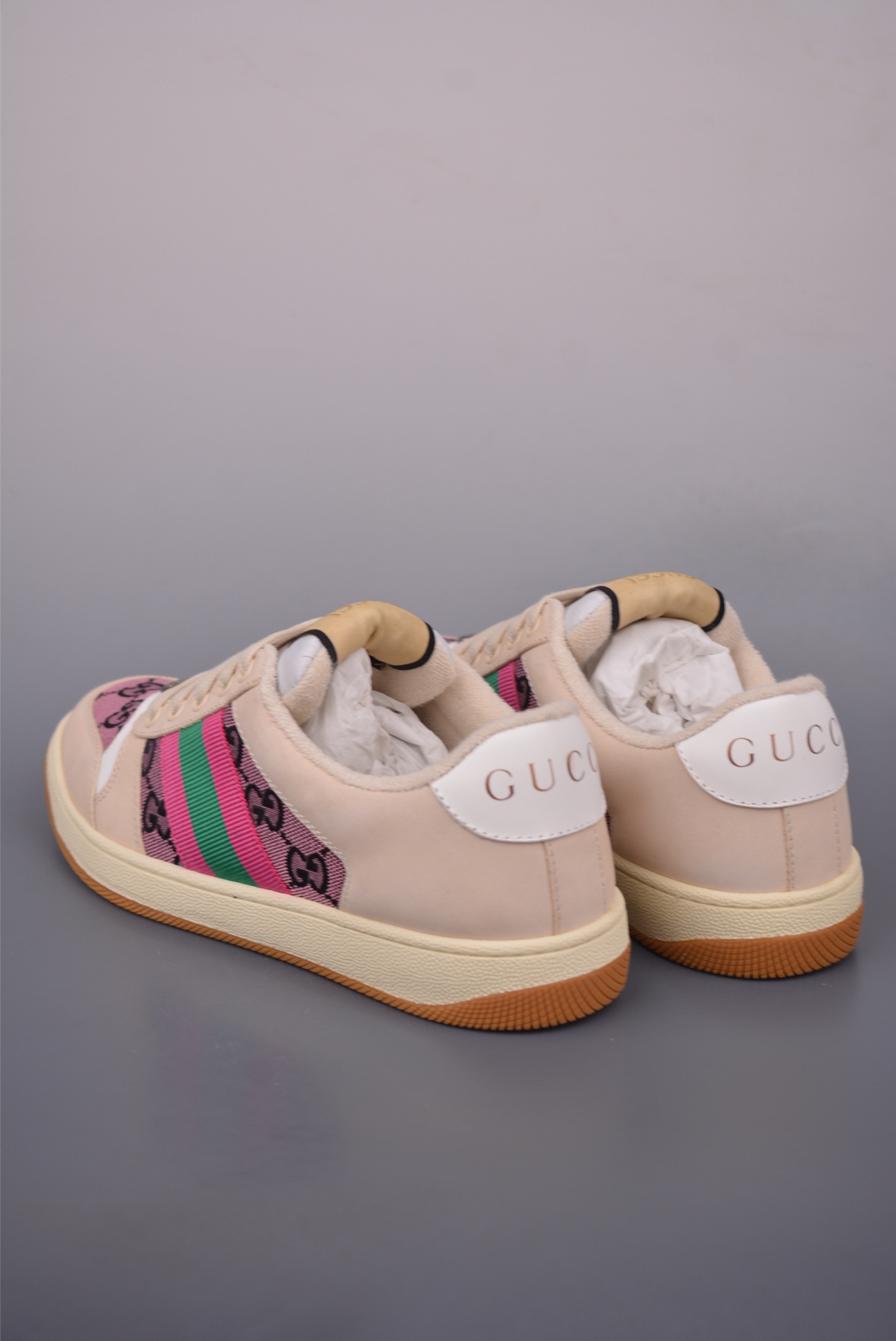 Gucci Screener Sneaker Dirty Effect Leather Trim GG Canvas -Pink/Green 3 i1759283529089 476 0 1