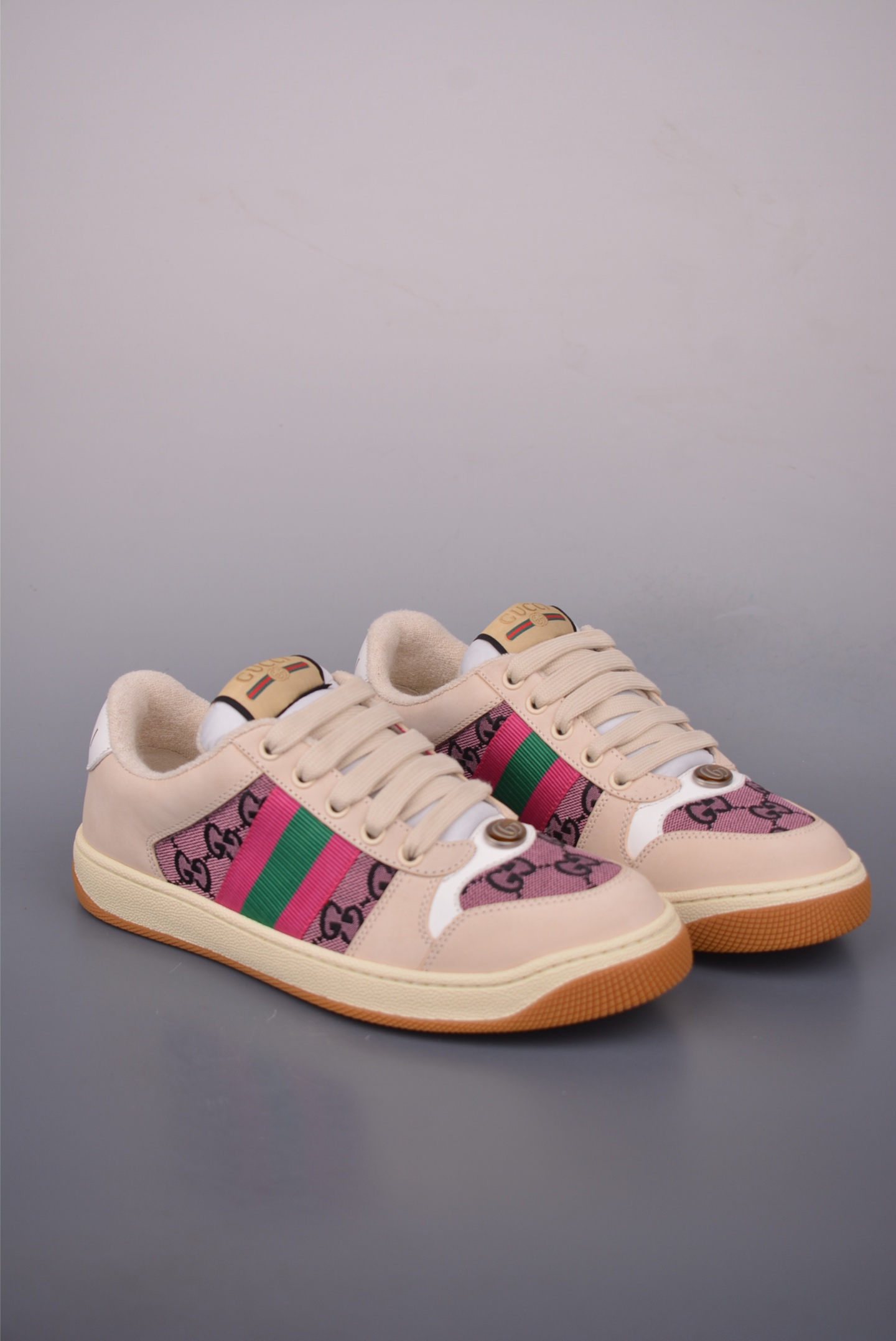 Gucci Screener Sneaker Dirty Effect Leather Trim GG Canvas -Pink/Green 2 i1759283529089 5300 0 0