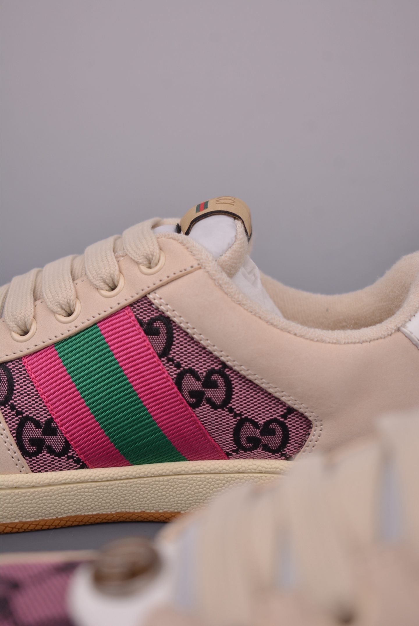 Gucci Screener Sneaker Dirty Effect Leather Trim GG Canvas -Pink/Green 9 i1759283535649 5765 0 7