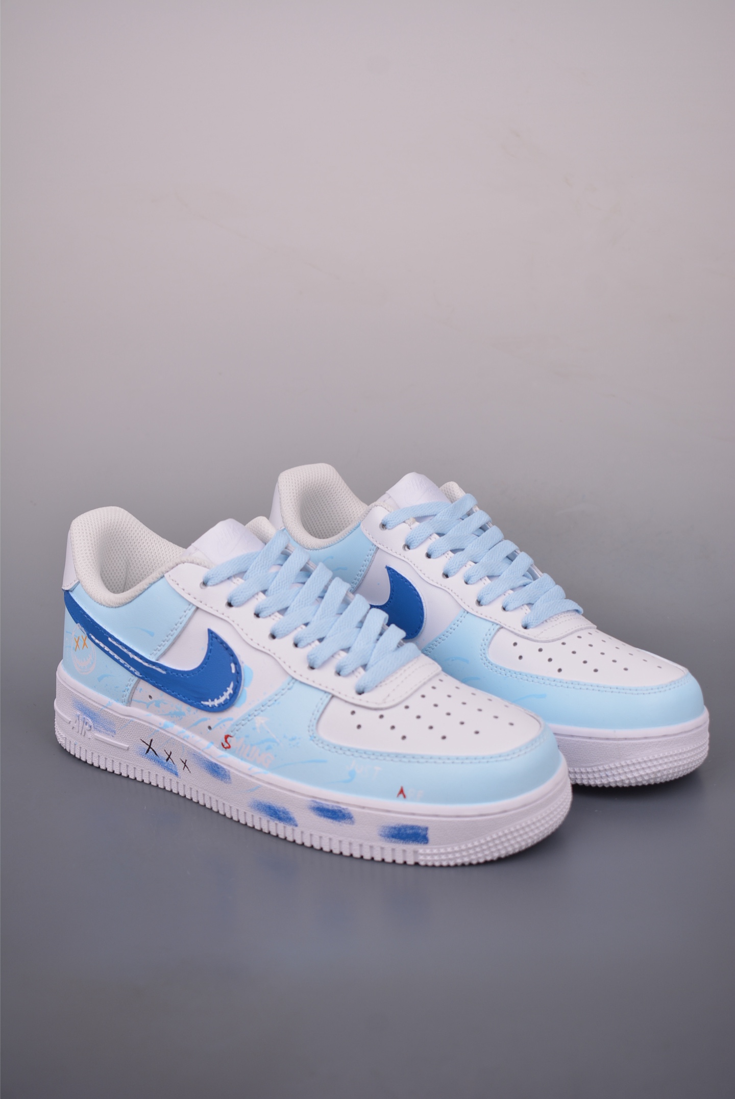Nike Air Force 1 Low Graffiti Custom Sneakers - White/Blue, All Sizes