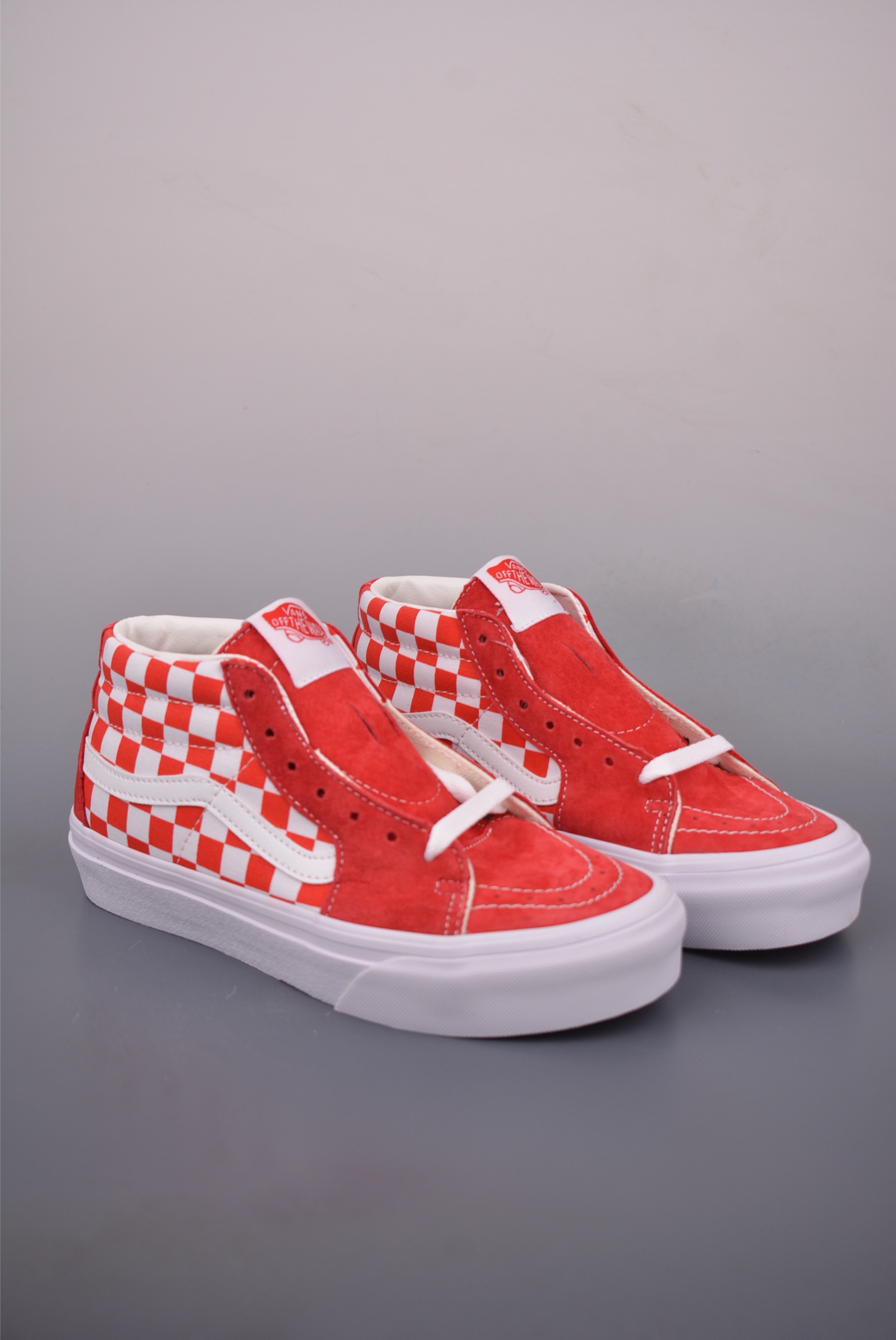 Vans Sk8-Mid Checkerboard Suede Sneakers - Red and White - Retro Style