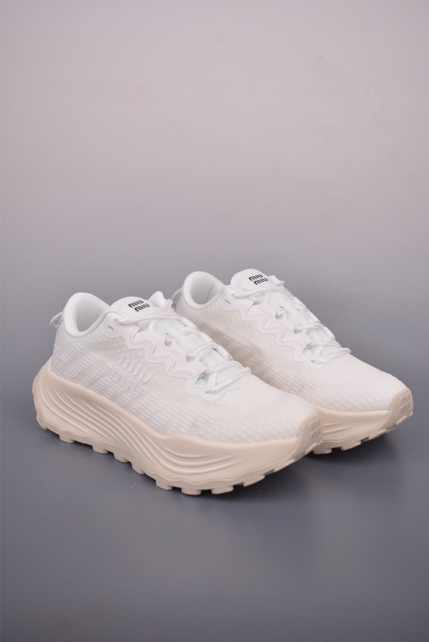 Miu Miu Women's White Mesh Chunky Sole Sneakers Comfortable and Stylish