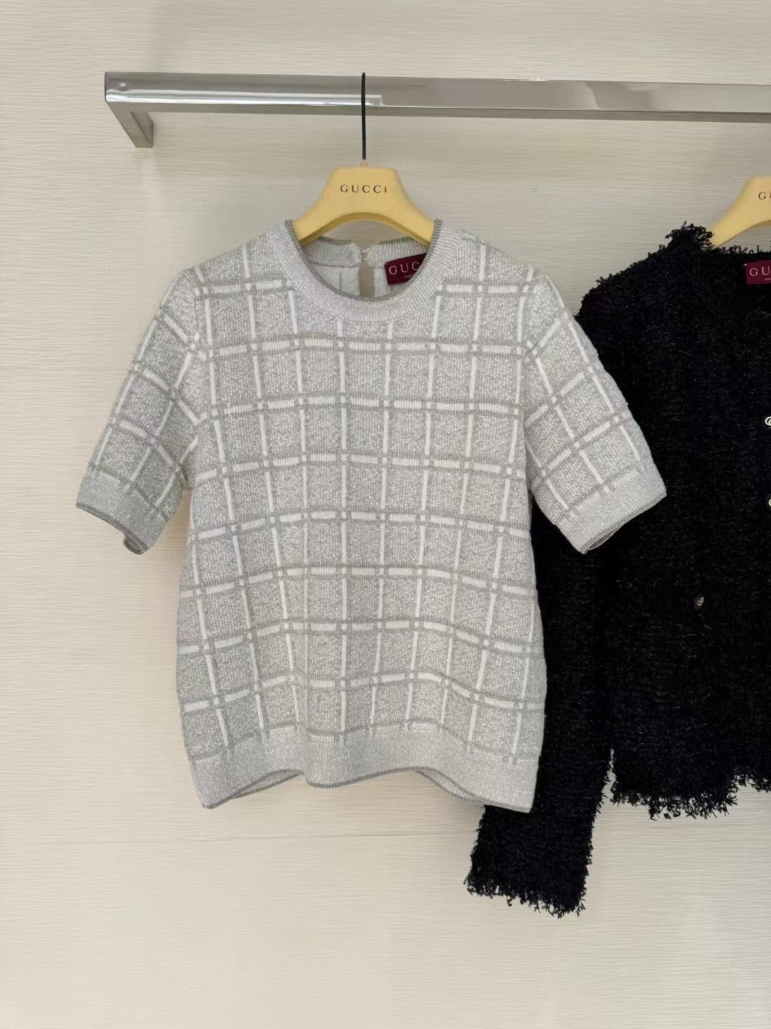 Gucci Wool Blend Plaid Cardigan & Knit Top Set - Silver Thread Accents 2 a1743490733698 3288