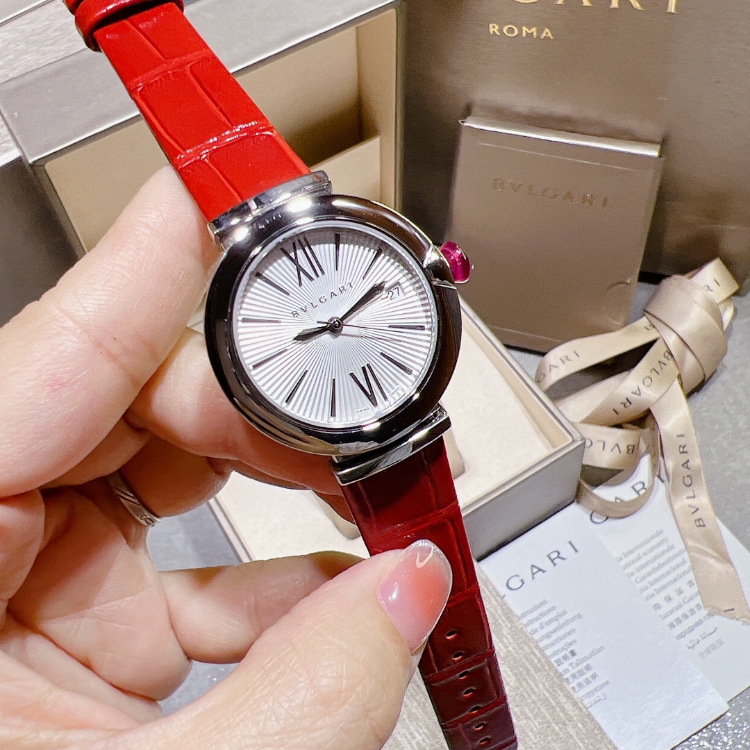 Bvlgari LVCEA polished steel case, black bezel, white dial, red leather strap 33mm Women's Quartz