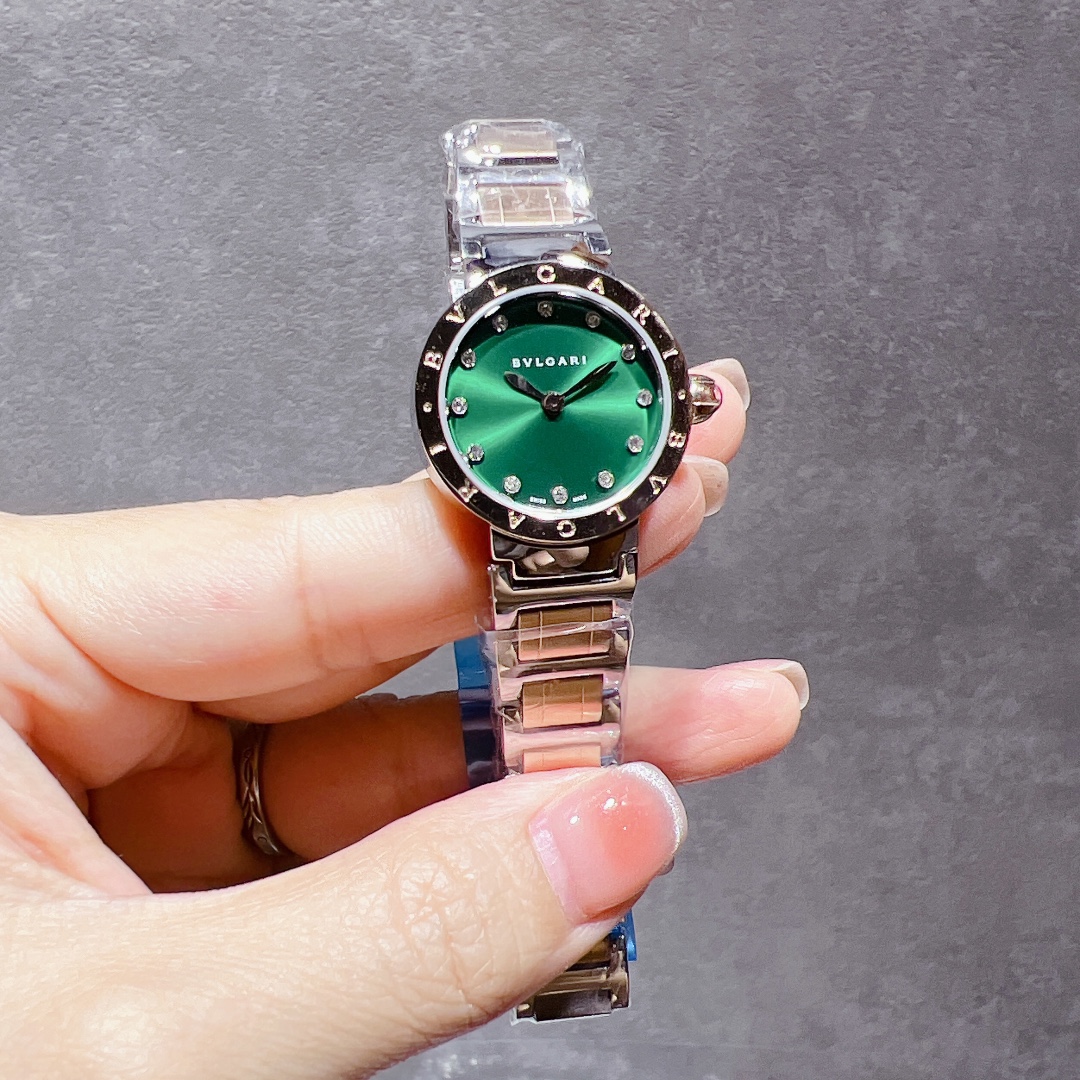 Bvlgari Bvlgari Bvlgari Mini caja y pulsera de acero inoxidable, bisel negro, esfera verde 26 mm Cuarzo para mujer