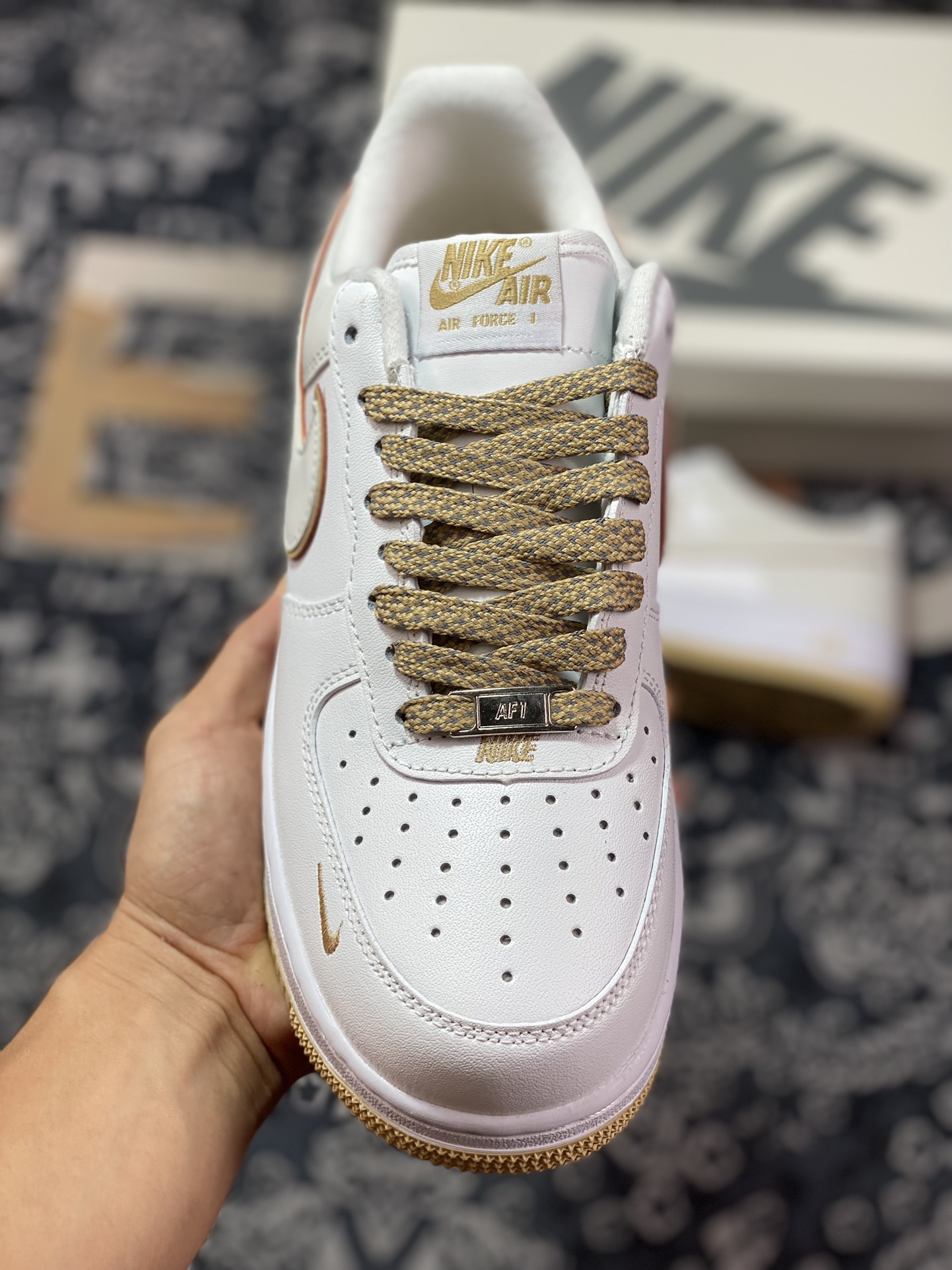 Nike Air Force 1'07 Low ”White/Khaki/Reflection Mini Swoosh” Air Force One Sneakers ”Leather White Khaki Yellow Small Swoosh Reflection” YZ8115-004