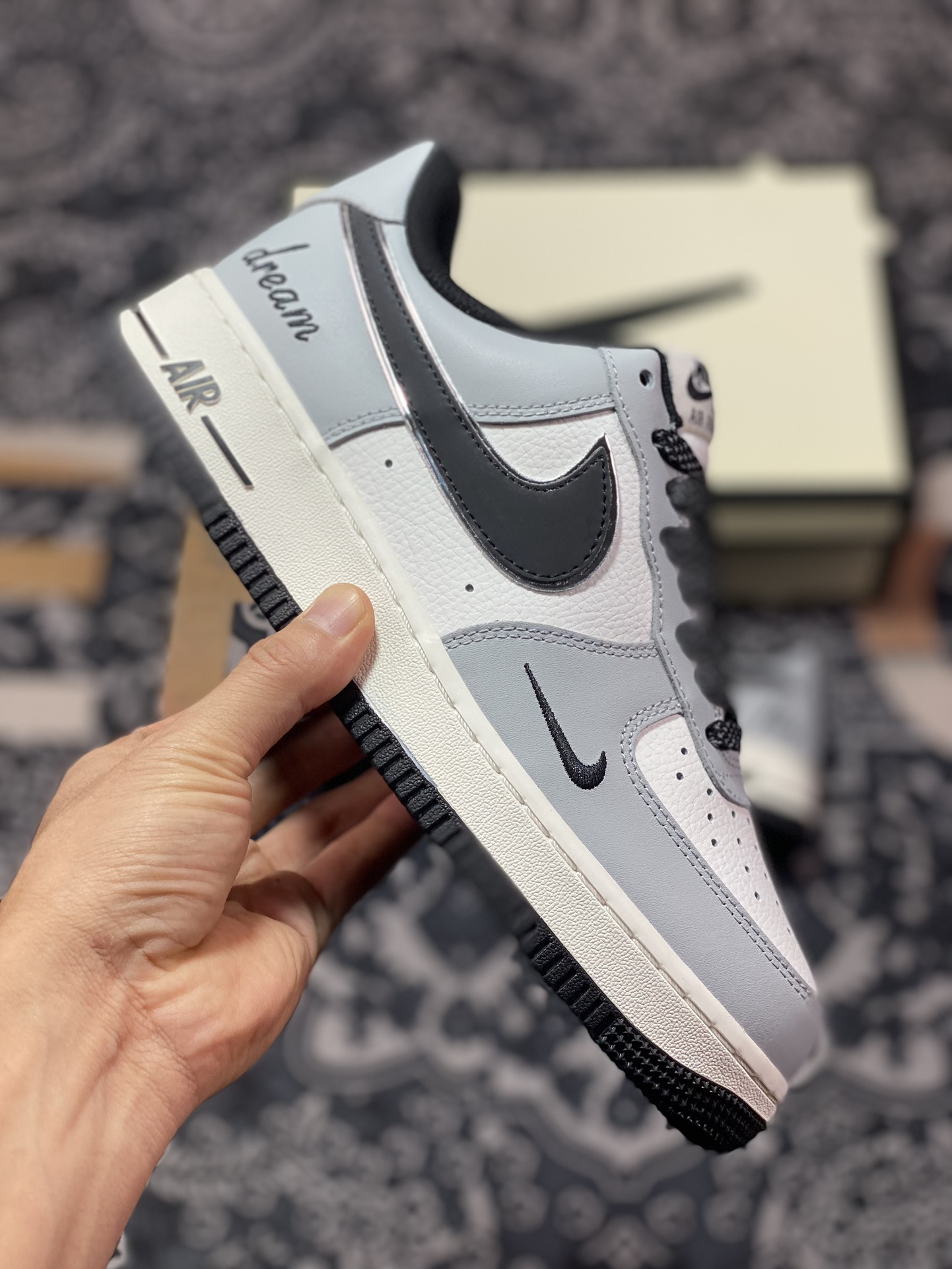 220 Nike Air Force 1'07 Low EMB"Grey/Black/Flax Dream/Mini Swoosh"空军一号板鞋“烟灰白黑Flax Dream刺绣小钩”KP3069-021