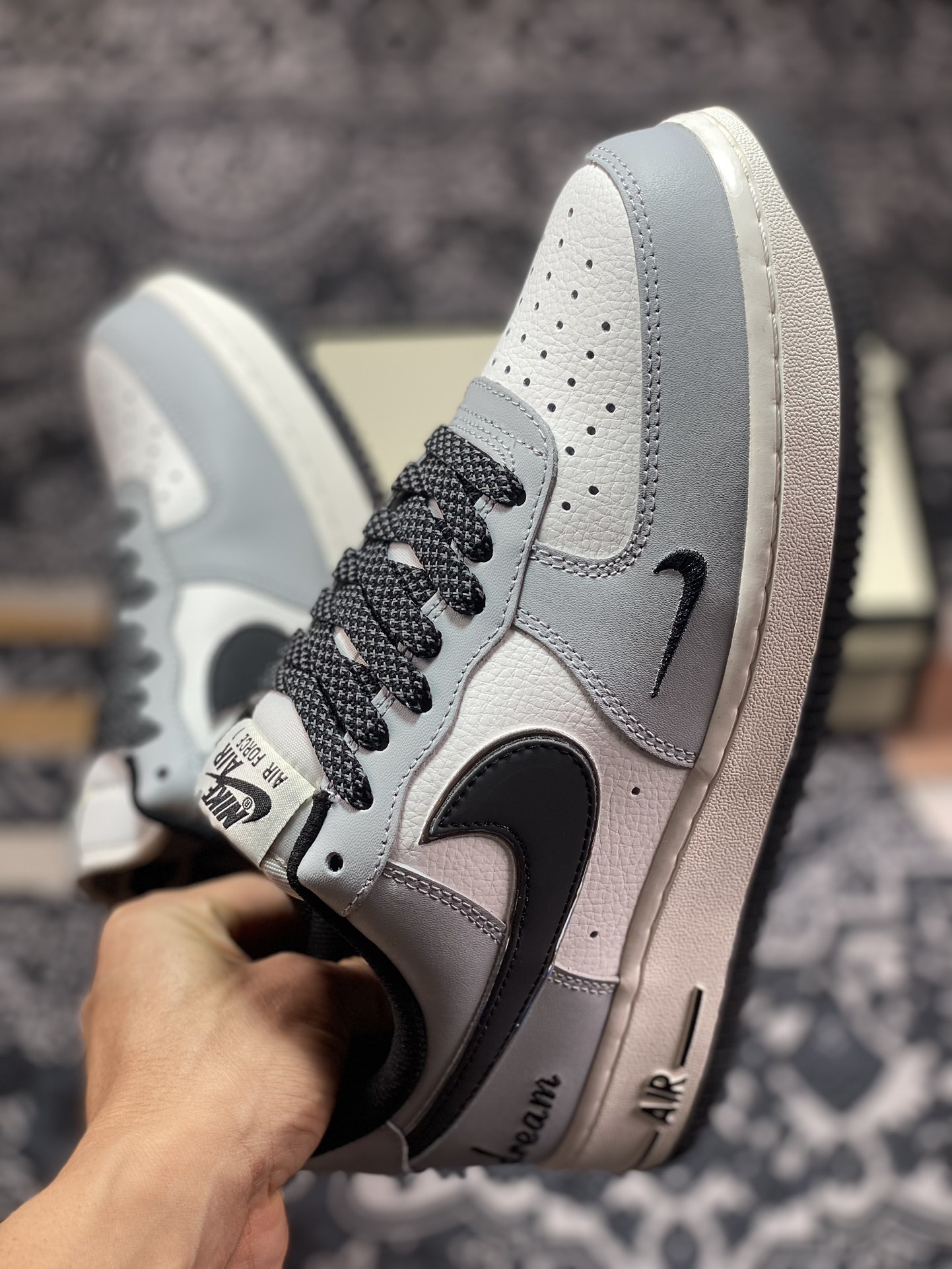 220 Nike Air Force 1'07 Low EMB"Grey/Black/Flax Dream/Mini Swoosh"空军一号板鞋“烟灰白黑Flax Dream刺绣小钩”KP3069-021