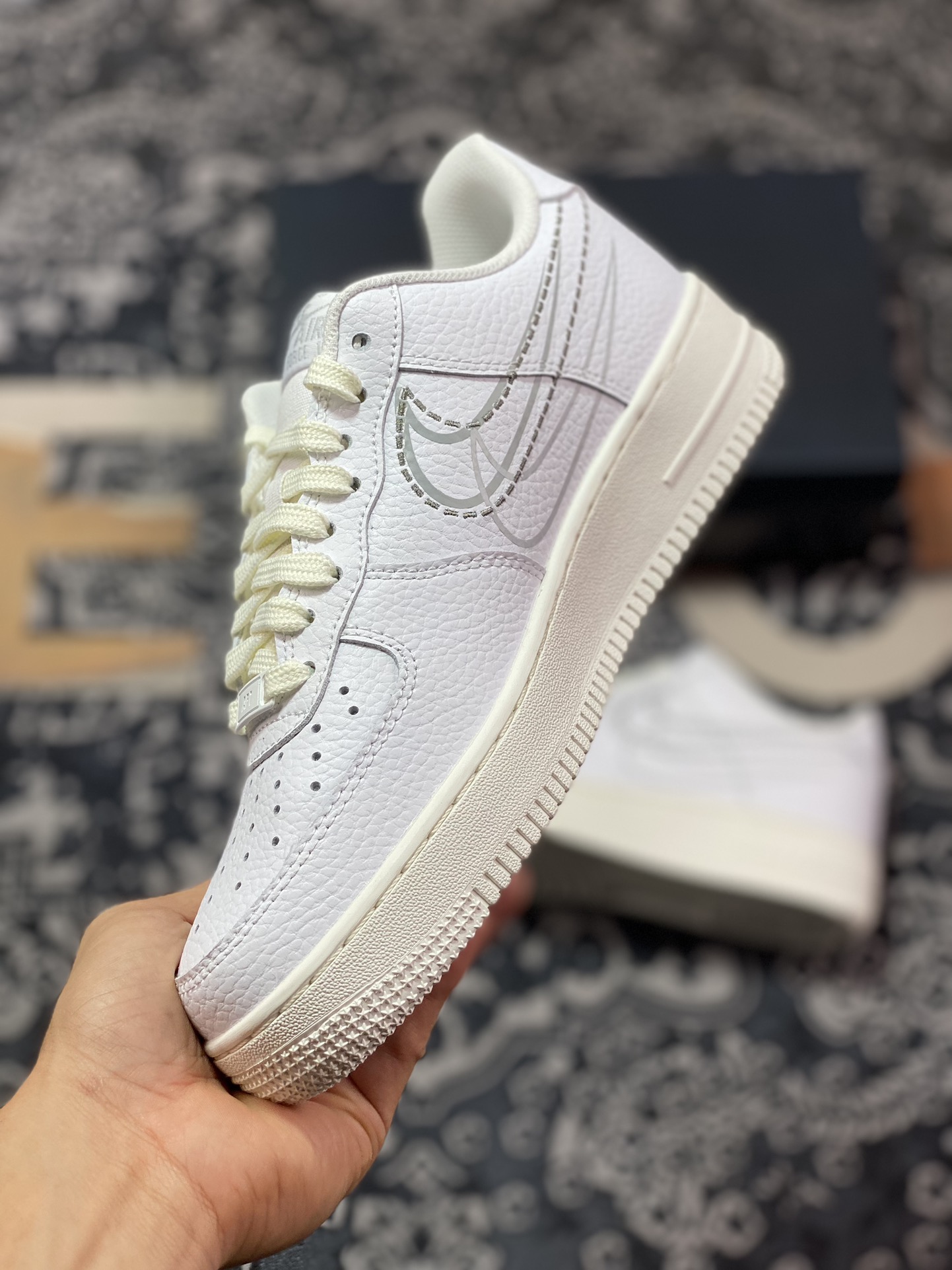 200 Nike Air Force 1'07 Low"Multi-Swoosh White/Sail"空军一号板鞋“皮革白灰电绣虚线钩子”FV0951-100