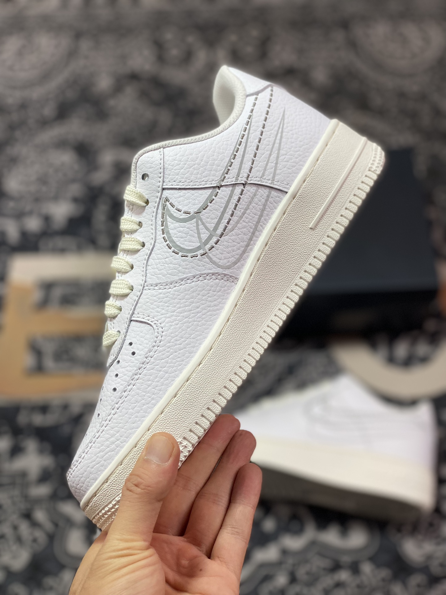 200 Nike Air Force 1'07 Low"Multi-Swoosh White/Sail"空军一号板鞋“皮革白灰电绣虚线钩子”FV0951-100