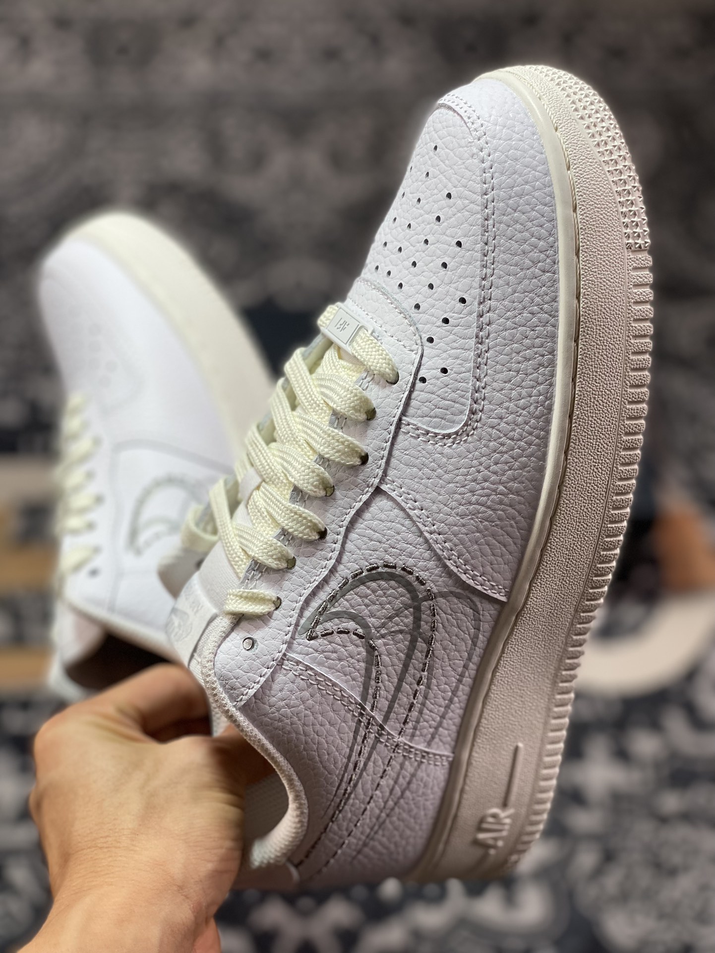 200 Nike Air Force 1'07 Low"Multi-Swoosh White/Sail"空军一号板鞋“皮革白灰电绣虚线钩子”FV0951-100