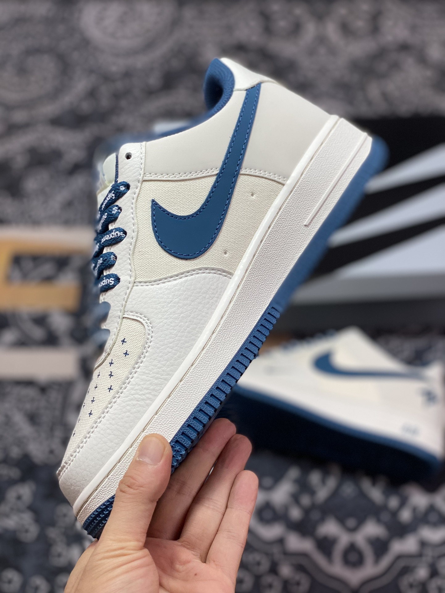 240 Nike Air Force 1 Low"Terror Squad"空军一号板鞋“拼接米白水墨蓝TS刺绣”PF9055-756