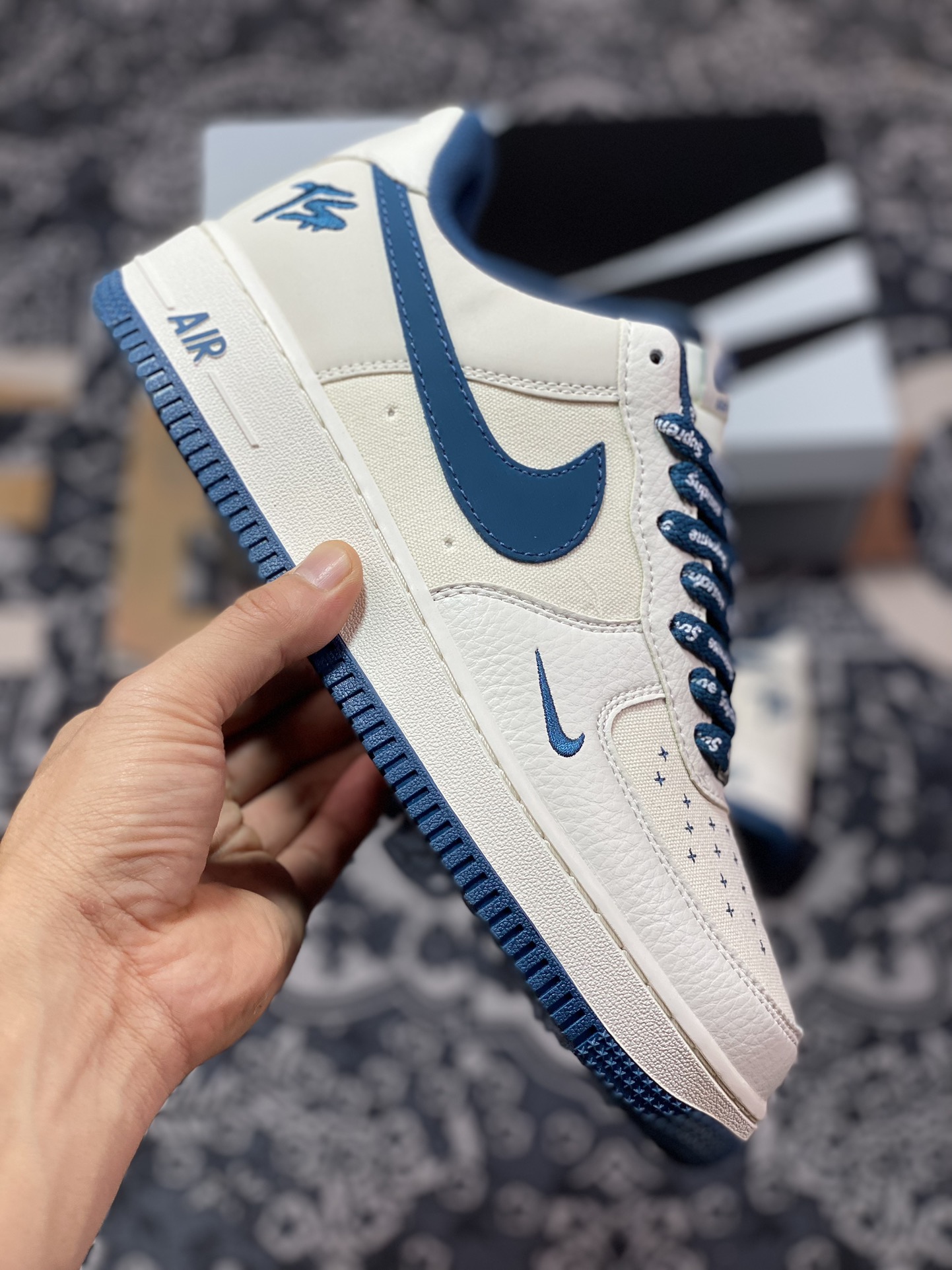 240 Nike Air Force 1 Low"Terror Squad"空军一号板鞋“拼接米白水墨蓝TS刺绣”PF9055-756