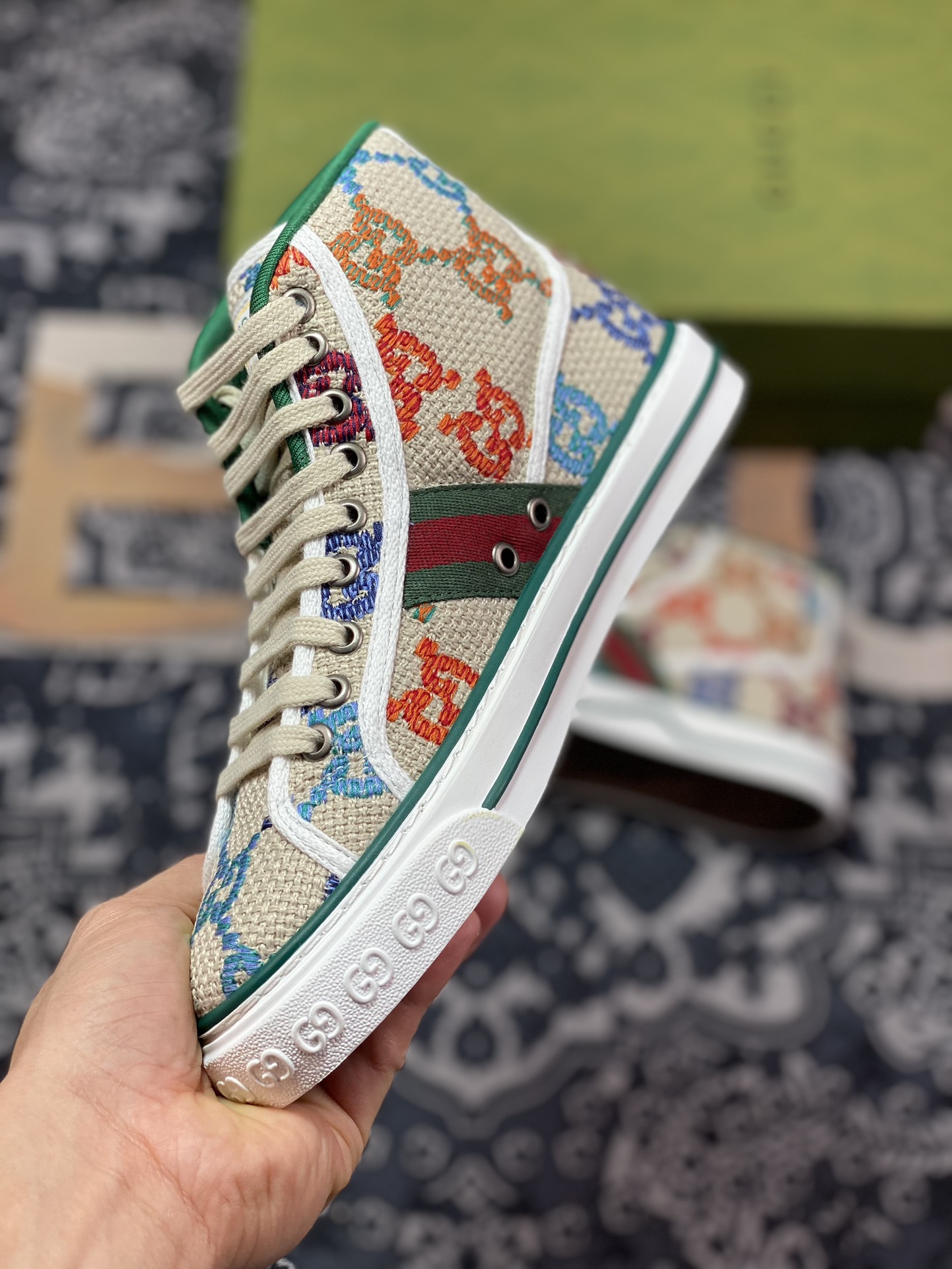 350 广东原装 Gucci Tennis 1977 Print Sneaker 古驰帆布鞋高帮系列