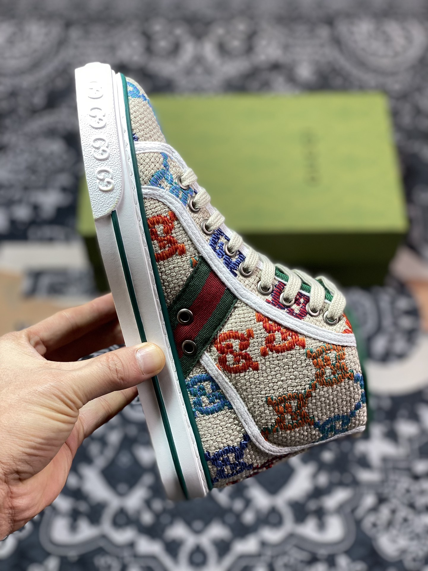 350 广东原装 Gucci Tennis 1977 Print Sneaker 古驰帆布鞋高帮系列