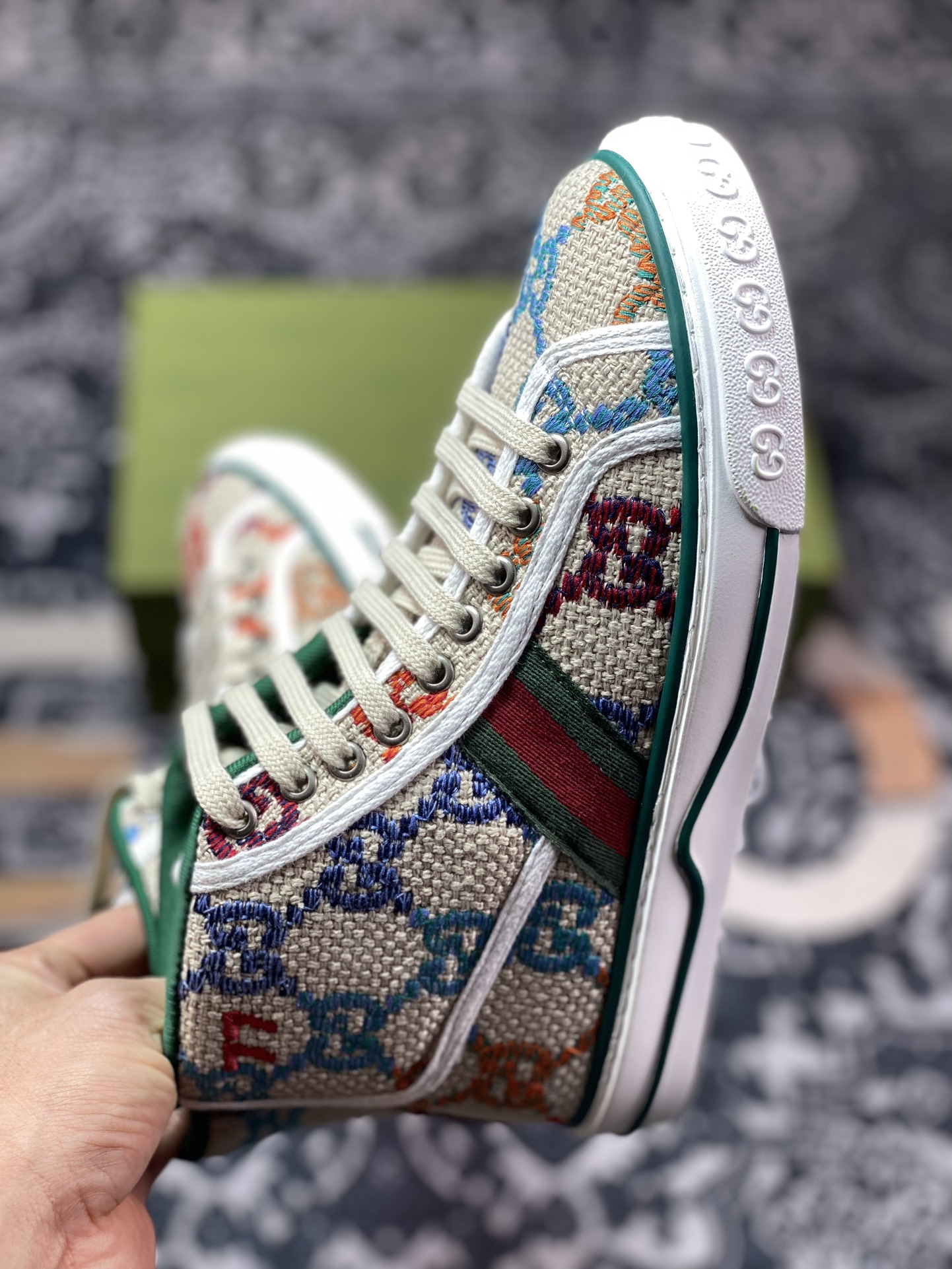 350 广东原装 Gucci Tennis 1977 Print Sneaker 古驰帆布鞋高帮系列