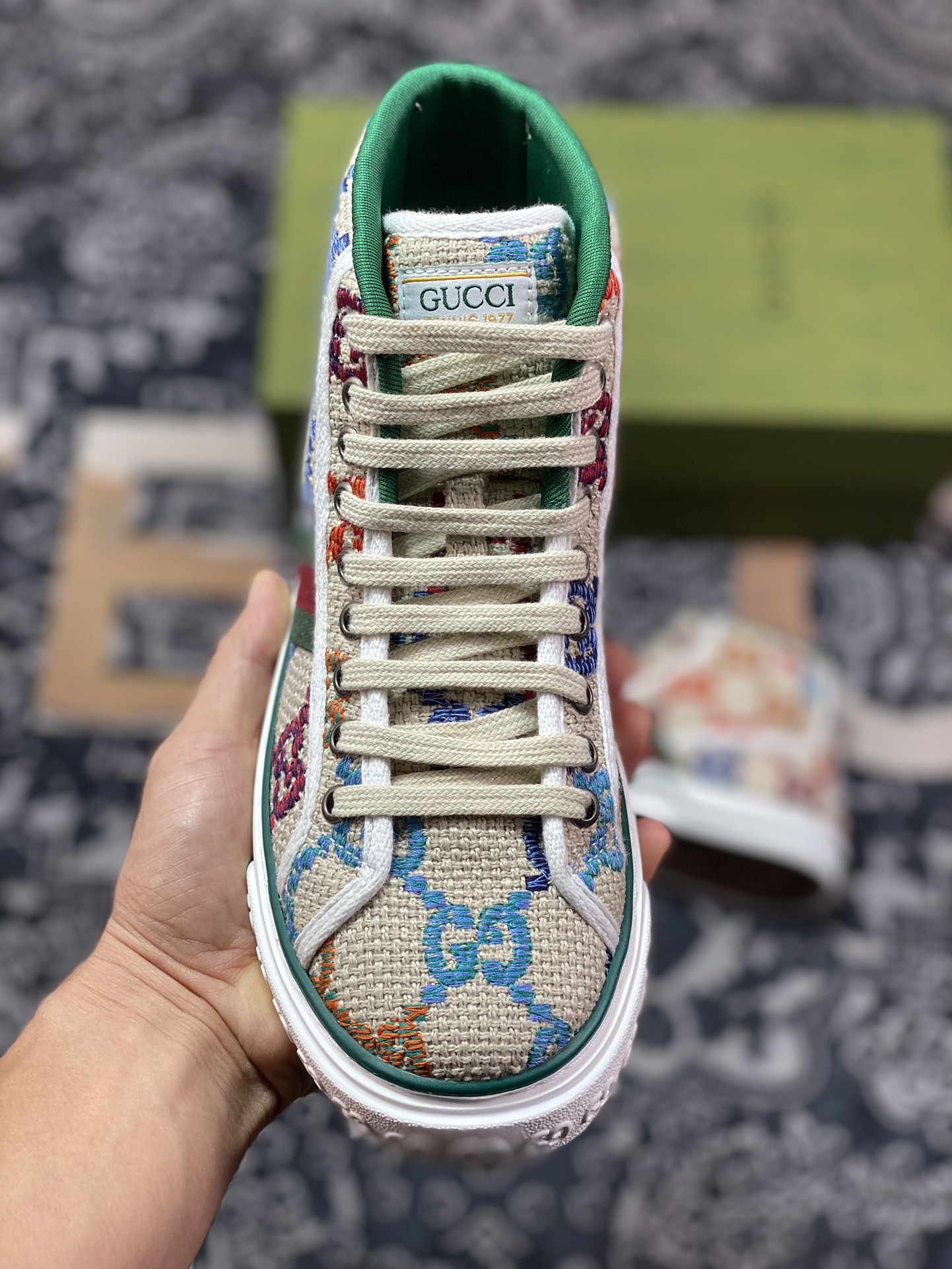 350 广东原装 Gucci Tennis 1977 Print Sneaker 古驰帆布鞋高帮系列