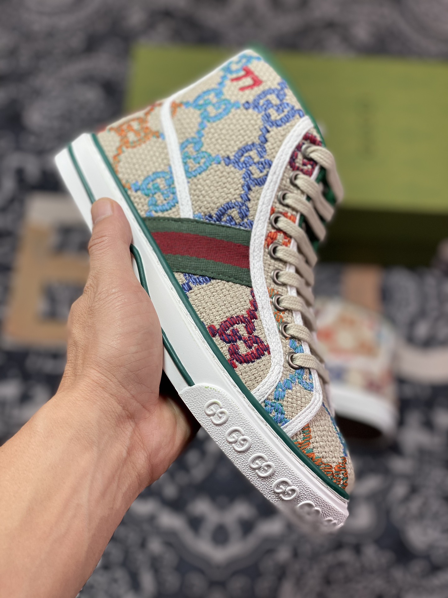 350 广东原装 Gucci Tennis 1977 Print Sneaker 古驰帆布鞋高帮系列