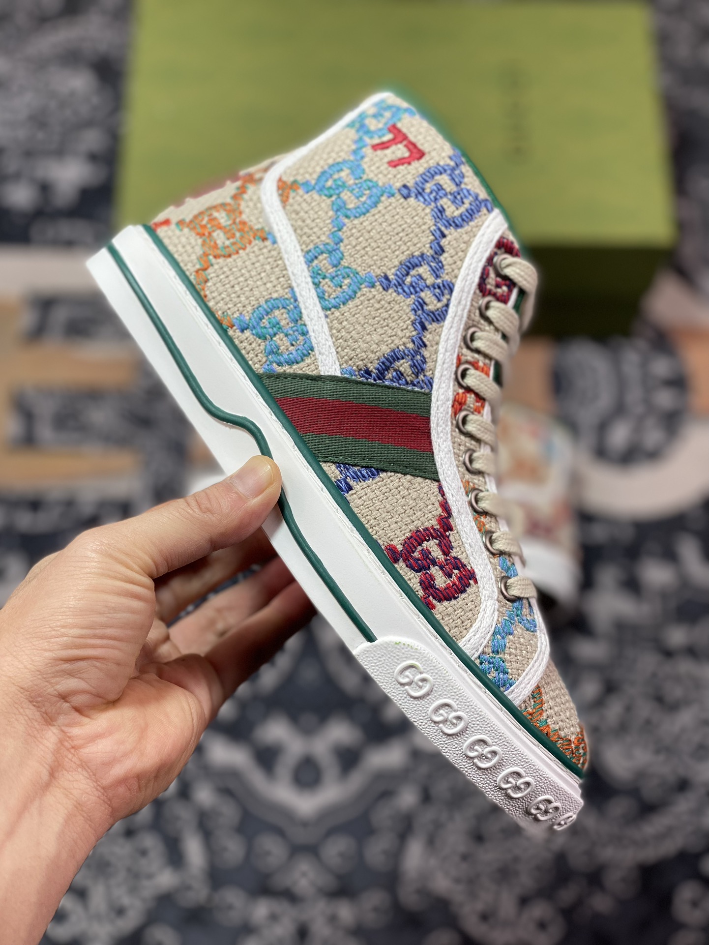 350 广东原装 Gucci Tennis 1977 Print Sneaker 古驰帆布鞋高帮系列