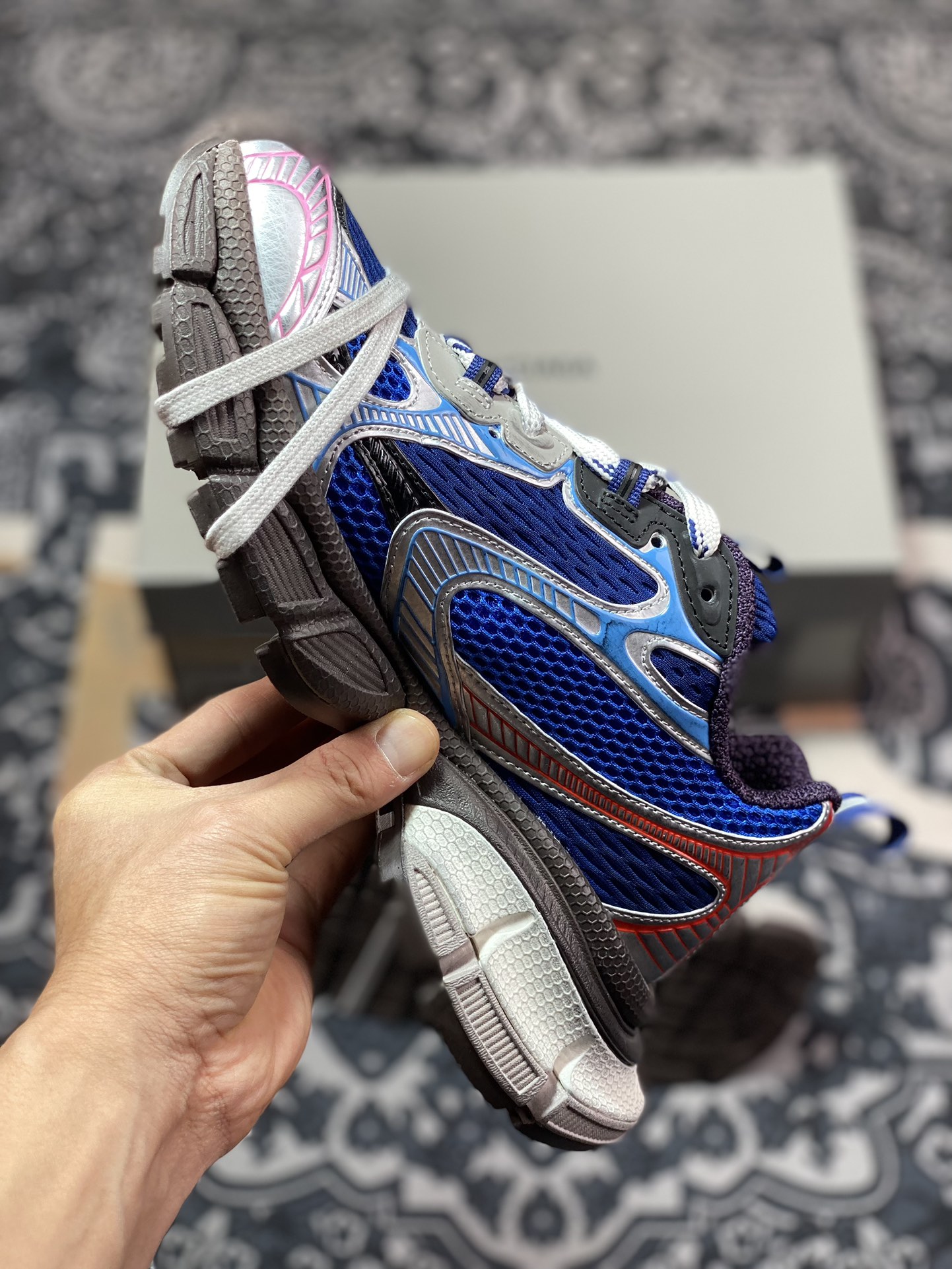 400 BALENCIAGA 3XL Sneakers 3+系列低帮复古阔型底姥爹风潮流百搭休闲慢跑鞋“网织深蓝银蓝红”734731 W3XLR 0513