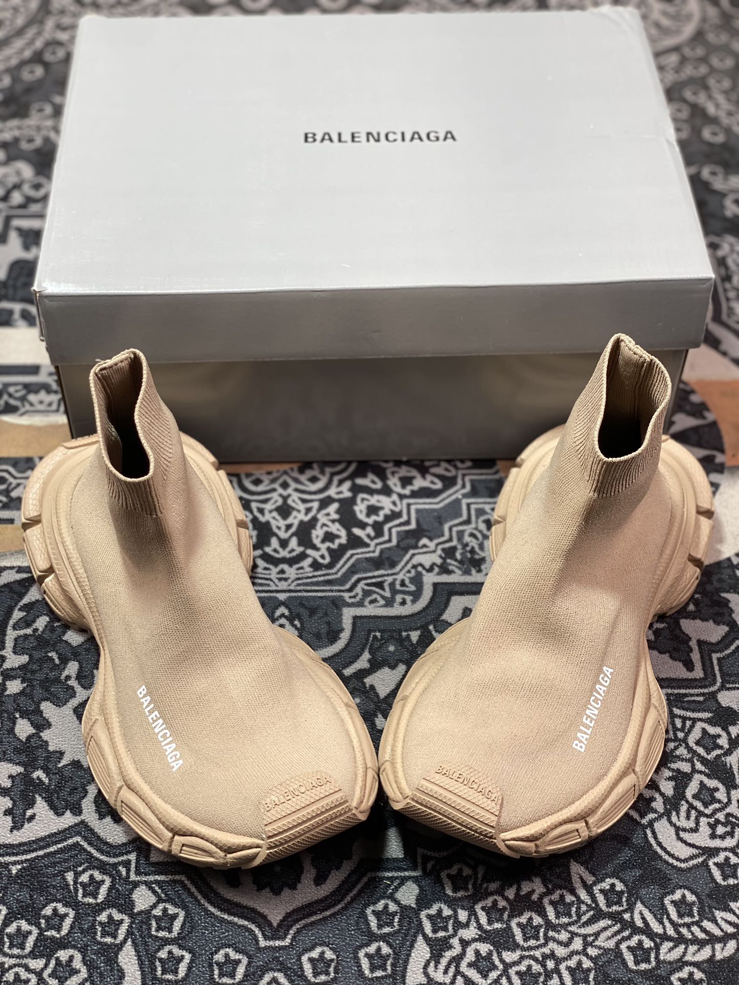 BALENCIAGA 3XL Sock Knit Sneaker 3XL knitting series mid-top sports shoes ”knitted beige brown and white LOGO” 758483 W2DG1 2910