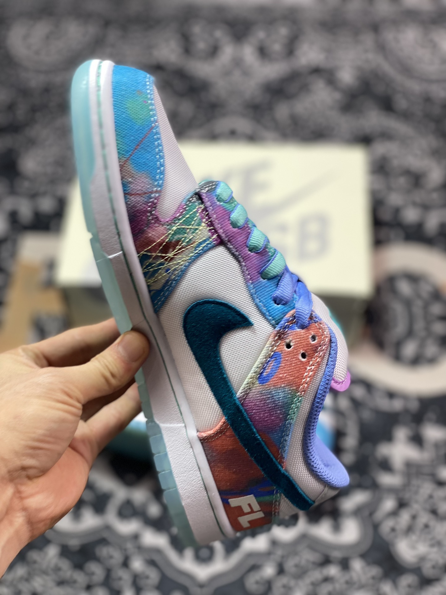 350 Futura Laboratories X Nike SB Dunk Low Pro"Bleached Aqua"扣篮板鞋“联名白水蓝水晶扎染涂鸦”HF6061-400