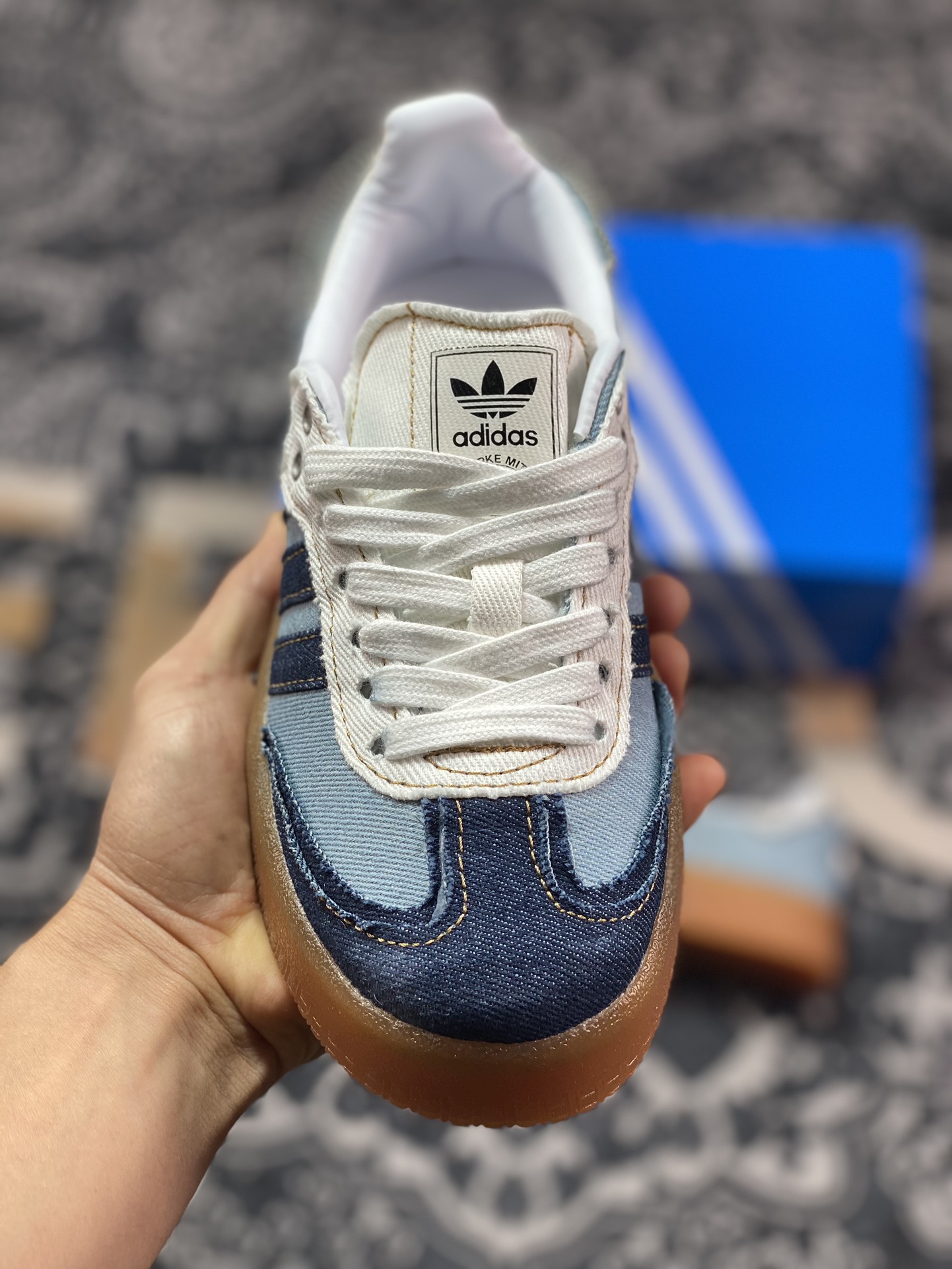 200 Atmos x Adidas Originals Sambae”Stacked Denim”桑巴舞板鞋“拉链牛仔浅蓝深蓝生胶底”II0001