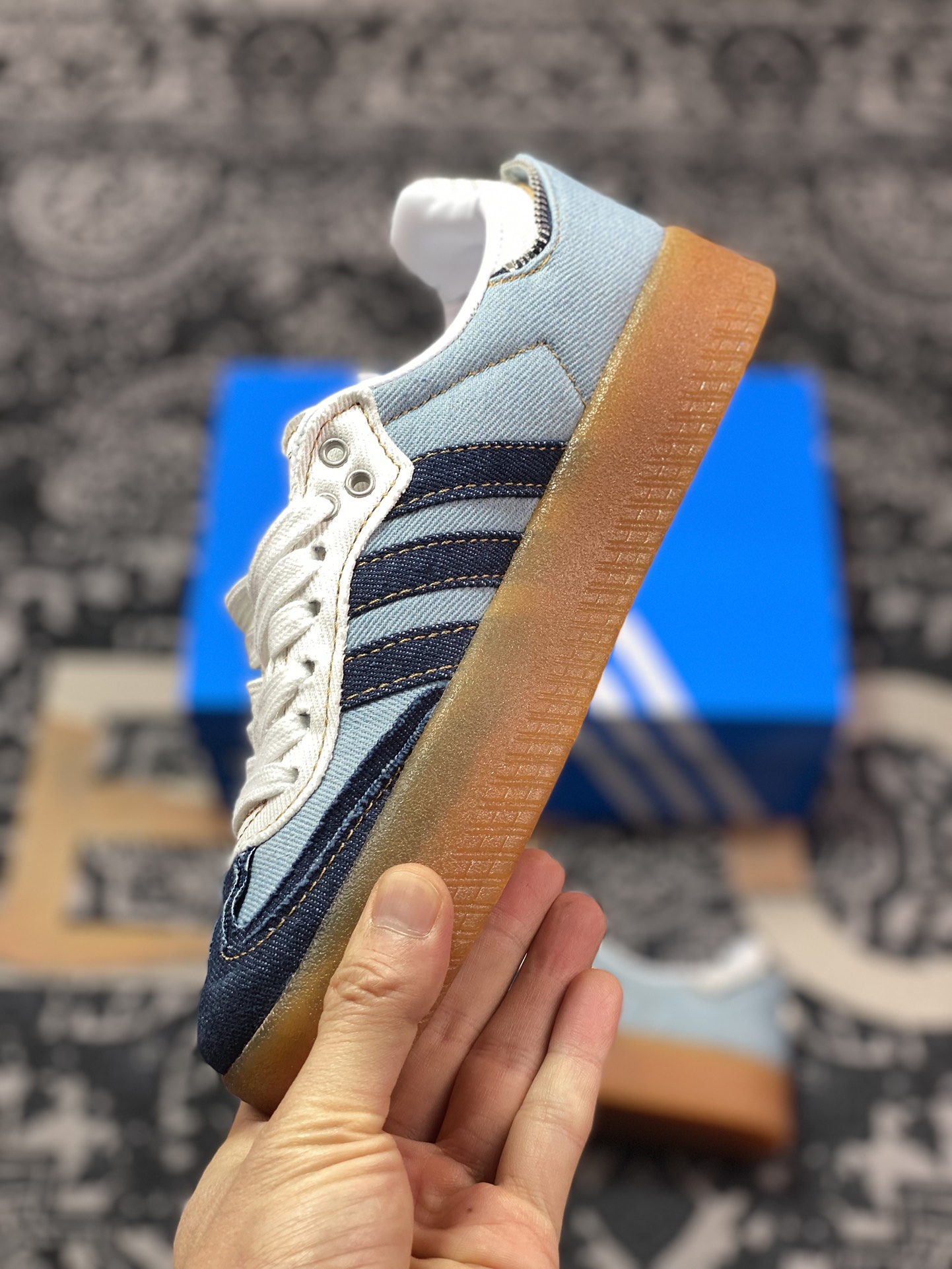 200 Atmos x Adidas Originals Sambae”Stacked Denim”桑巴舞板鞋“拉链牛仔浅蓝深蓝生胶底”II0001