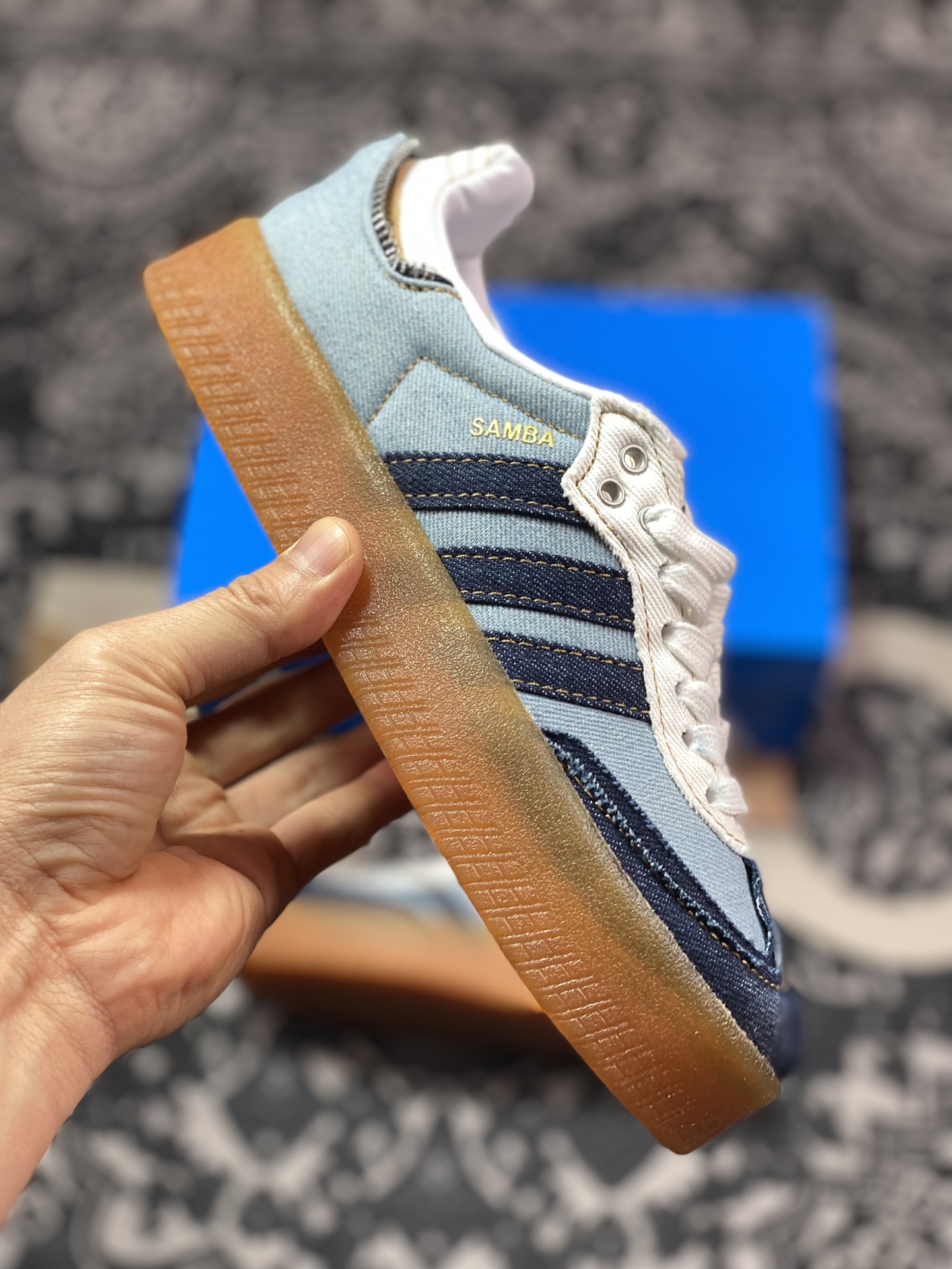 200 Atmos x Adidas Originals Sambae”Stacked Denim”桑巴舞板鞋“拉链牛仔浅蓝深蓝生胶底”II0001