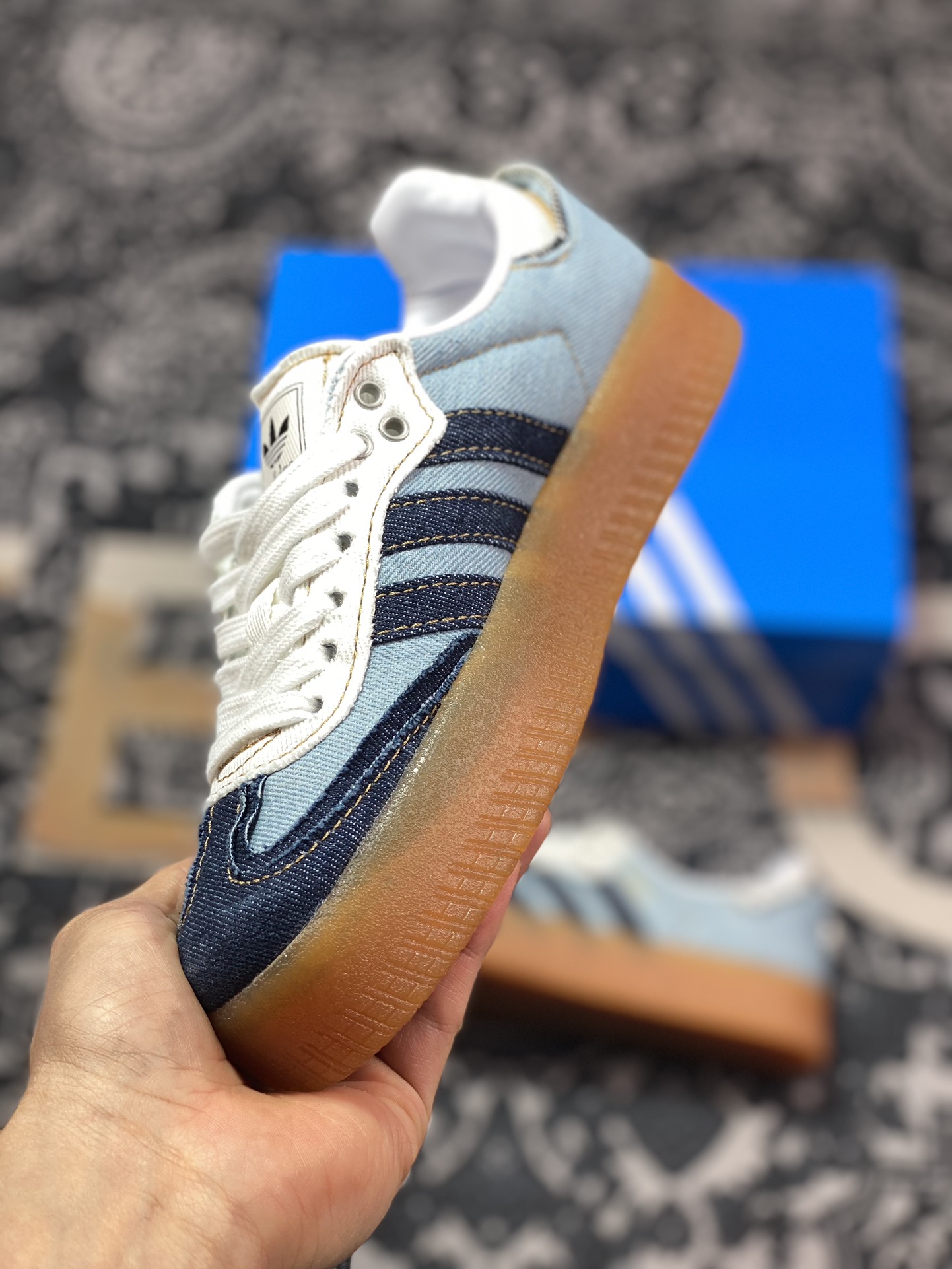 200 Atmos x Adidas Originals Sambae”Stacked Denim”桑巴舞板鞋“拉链牛仔浅蓝深蓝生胶底”II0001