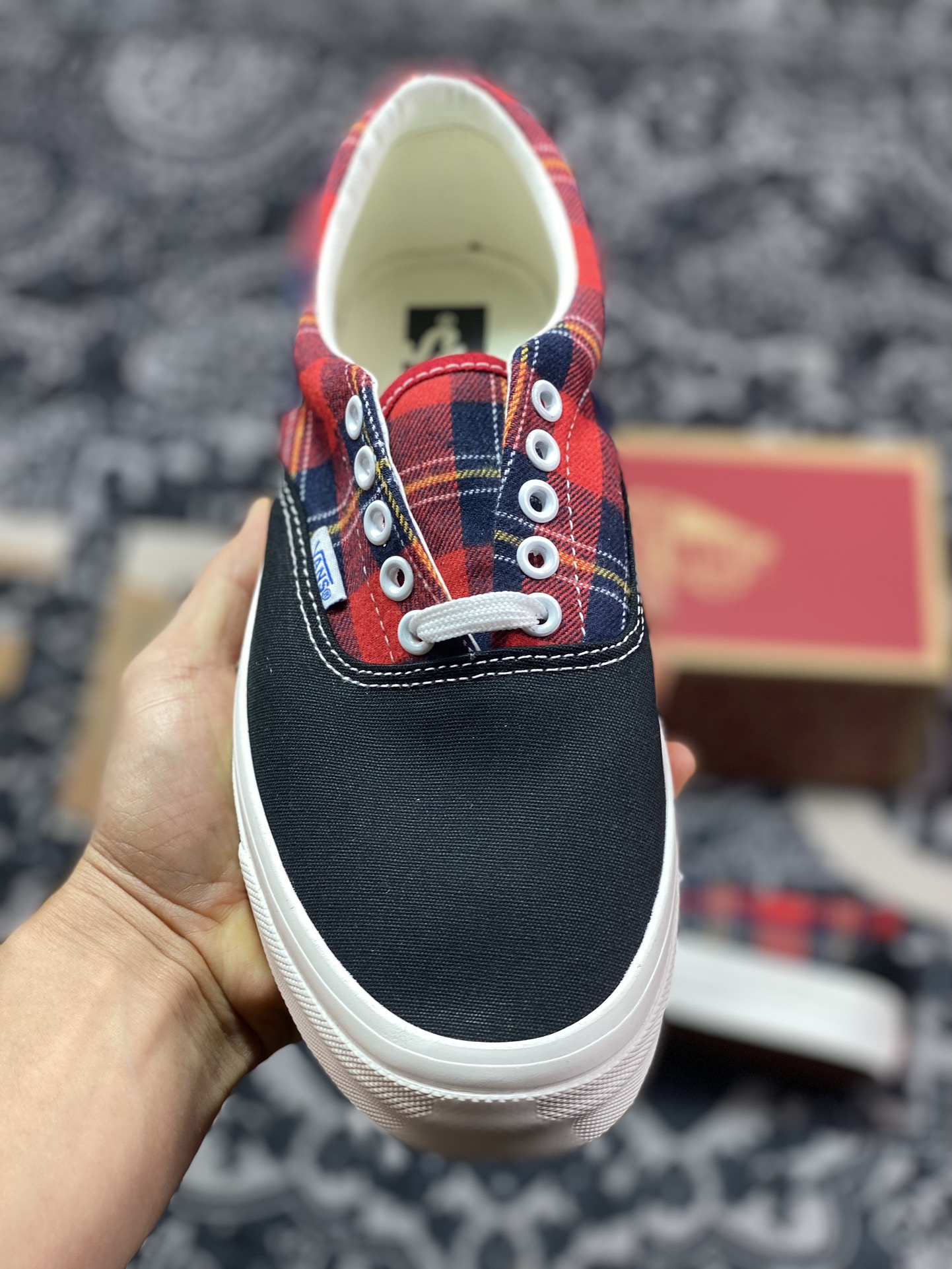 140 真标 Vans Era 日版黑红拼接格子滑板鞋