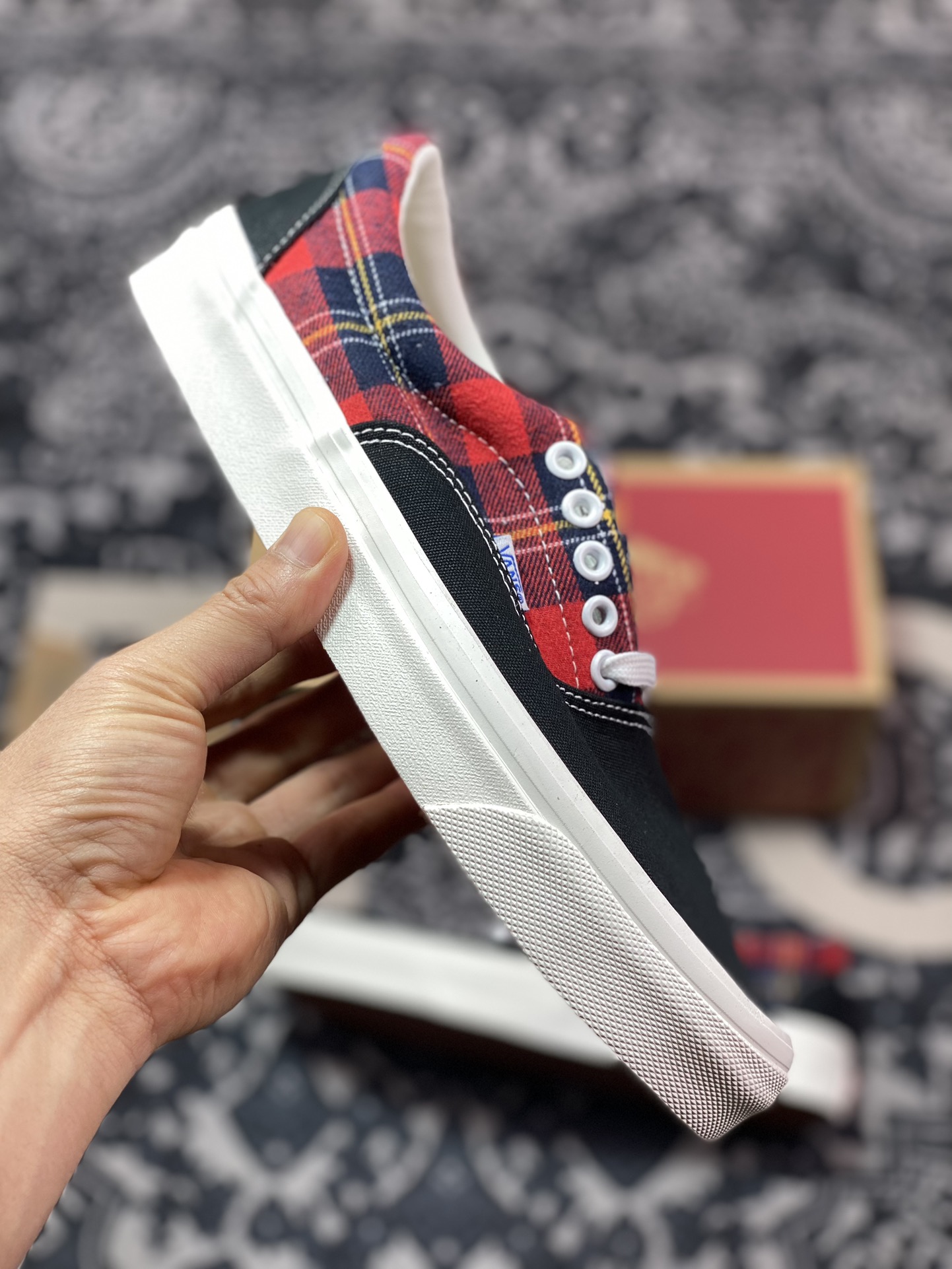 140 真标 Vans Era 日版黑红拼接格子滑板鞋