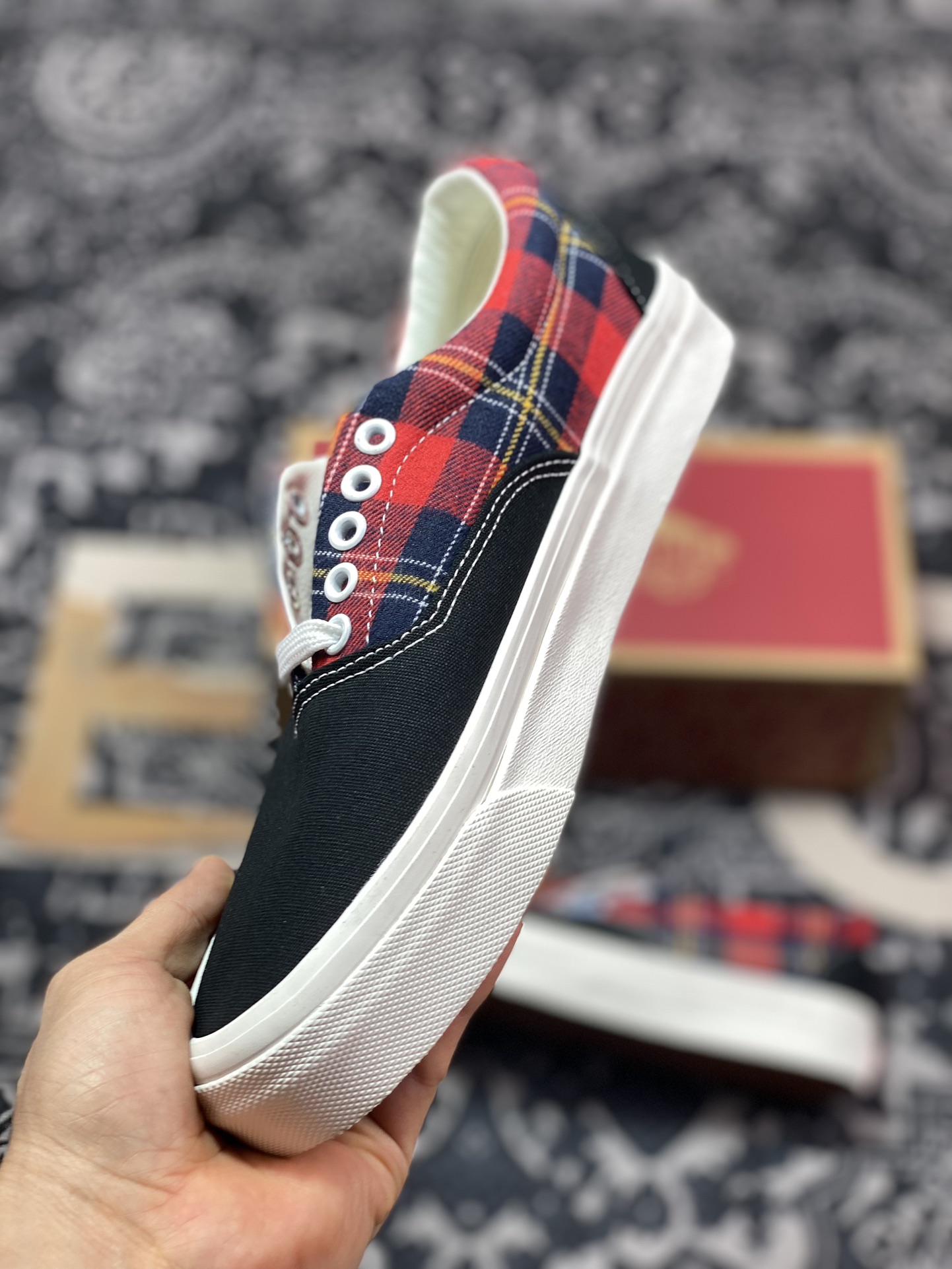 140 真标 Vans Era 日版黑红拼接格子滑板鞋