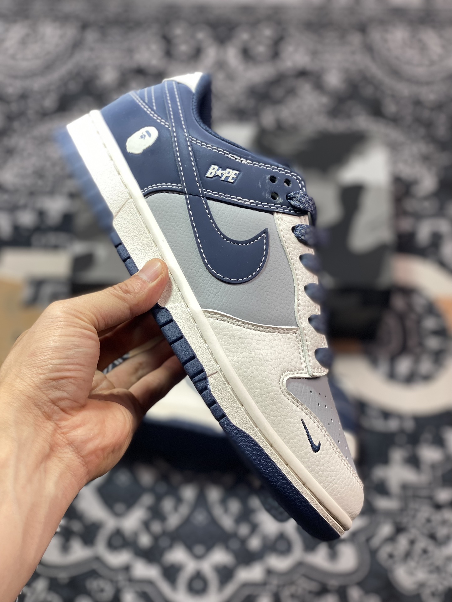 Original NK Dunk Low Retro ”DIY high-end customization” Bape beige blue-gray low-top casual sports shoes BB8969-001