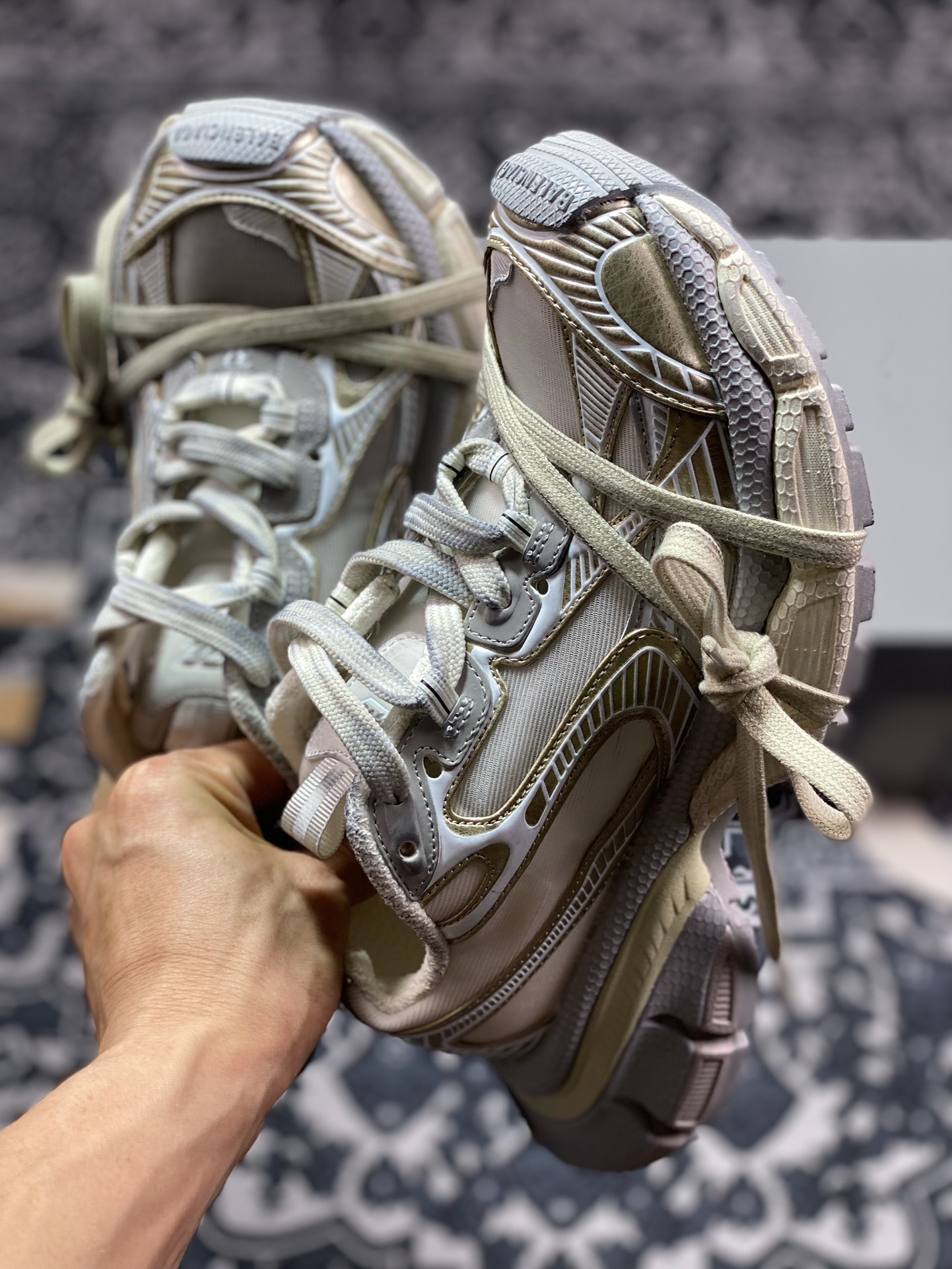 400 巴黎世家BALENCIAGA 3XL Sneakers 3+系列低帮慢跑鞋“透明网纱玫瑰金白灰”734731 W3XL2 9191