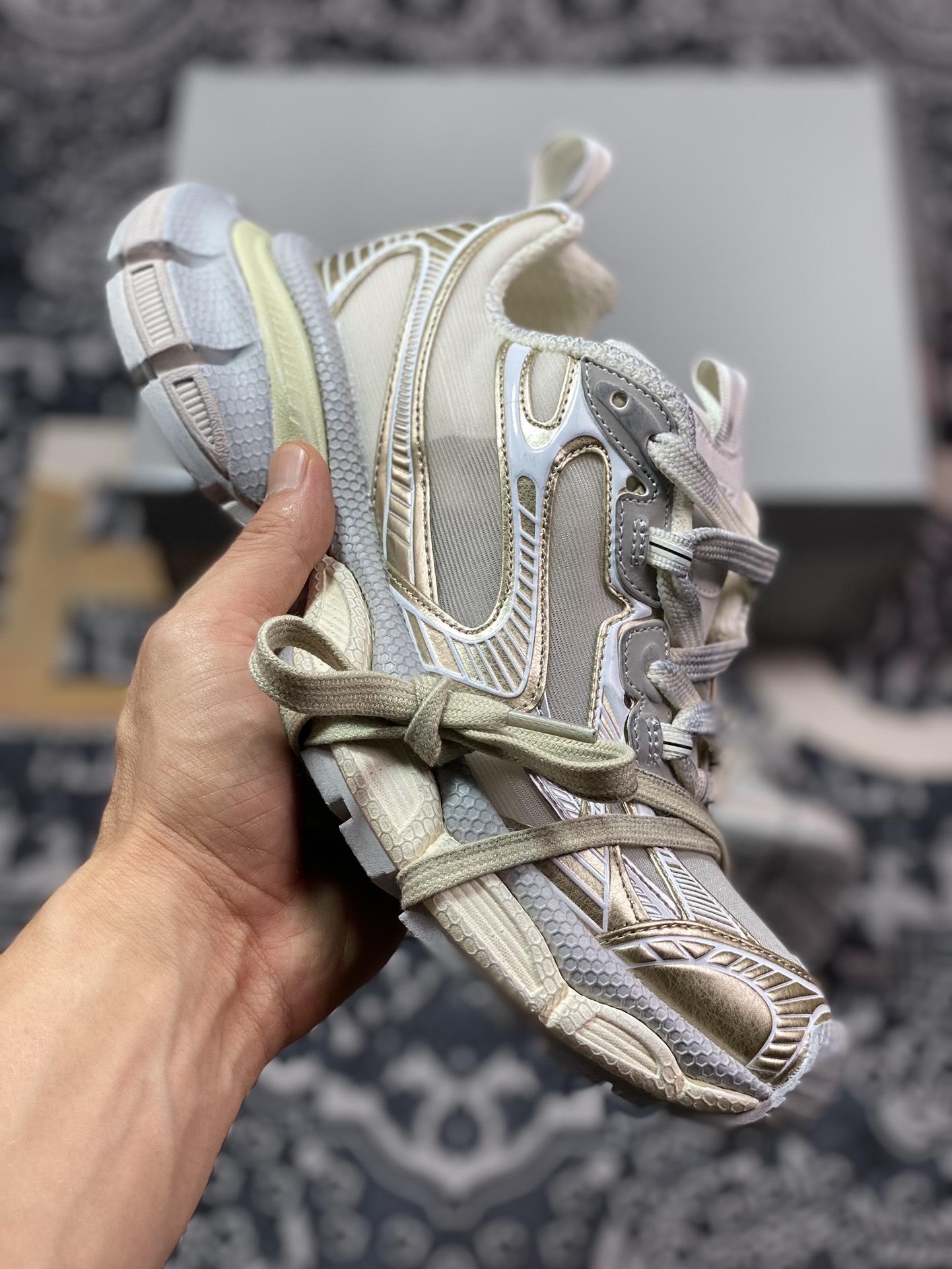 400 巴黎世家BALENCIAGA 3XL Sneakers 3+系列低帮慢跑鞋“透明网纱玫瑰金白灰”734731 W3XL2 9191