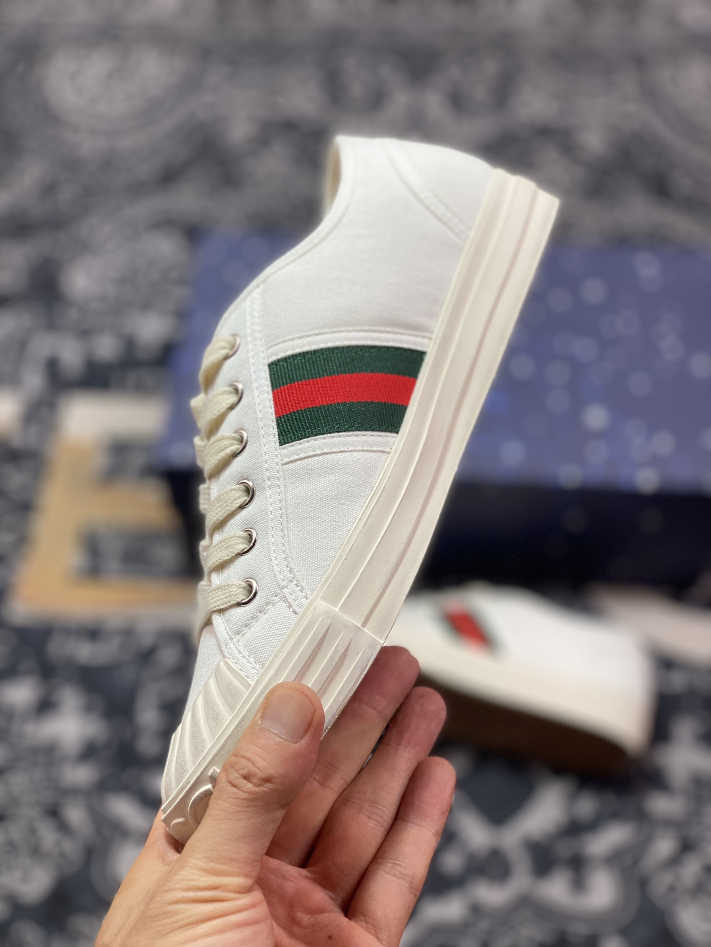 古驰Gucci Lido Low Sneaker 利多岛系列低帮板鞋“帆布白绿红织带”786366 FADF S9942