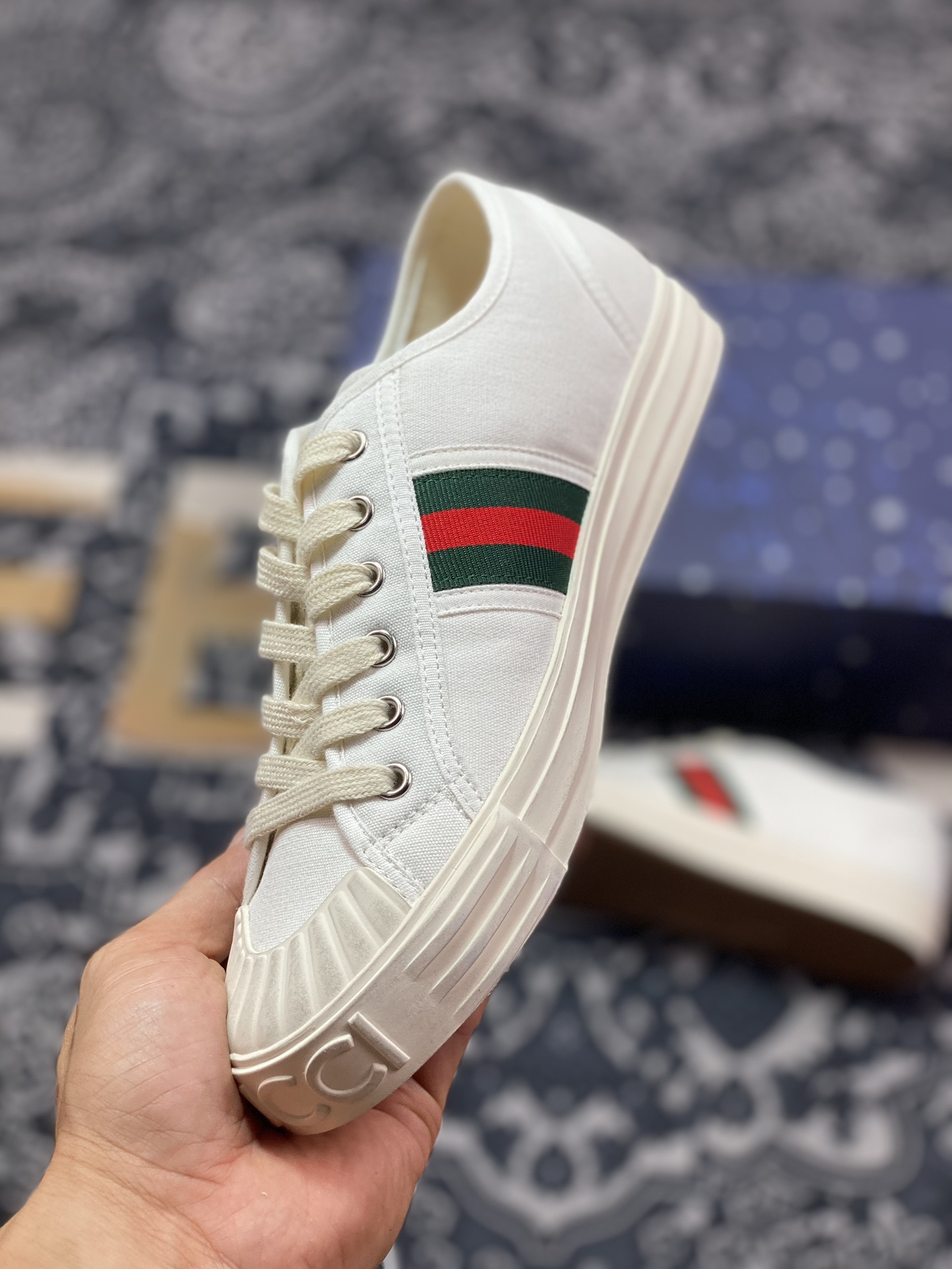 古驰Gucci Lido Low Sneaker 利多岛系列低帮板鞋“帆布白绿红织带”786366 FADF S9942