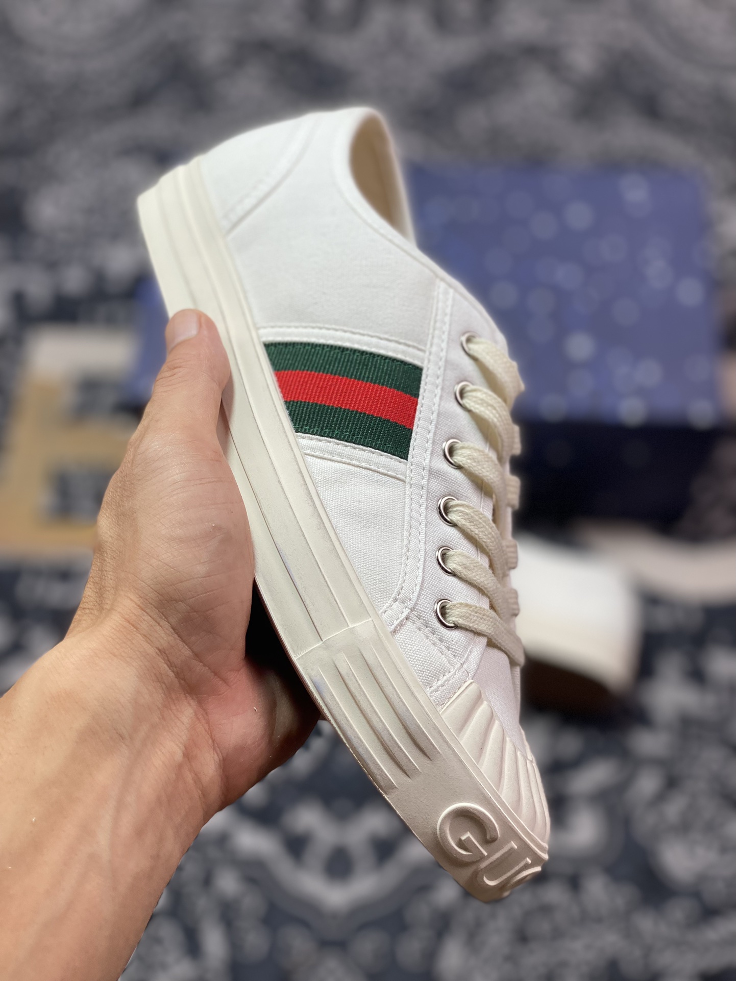 古驰Gucci Lido Low Sneaker 利多岛系列低帮板鞋“帆布白绿红织带”786366 FADF S9942