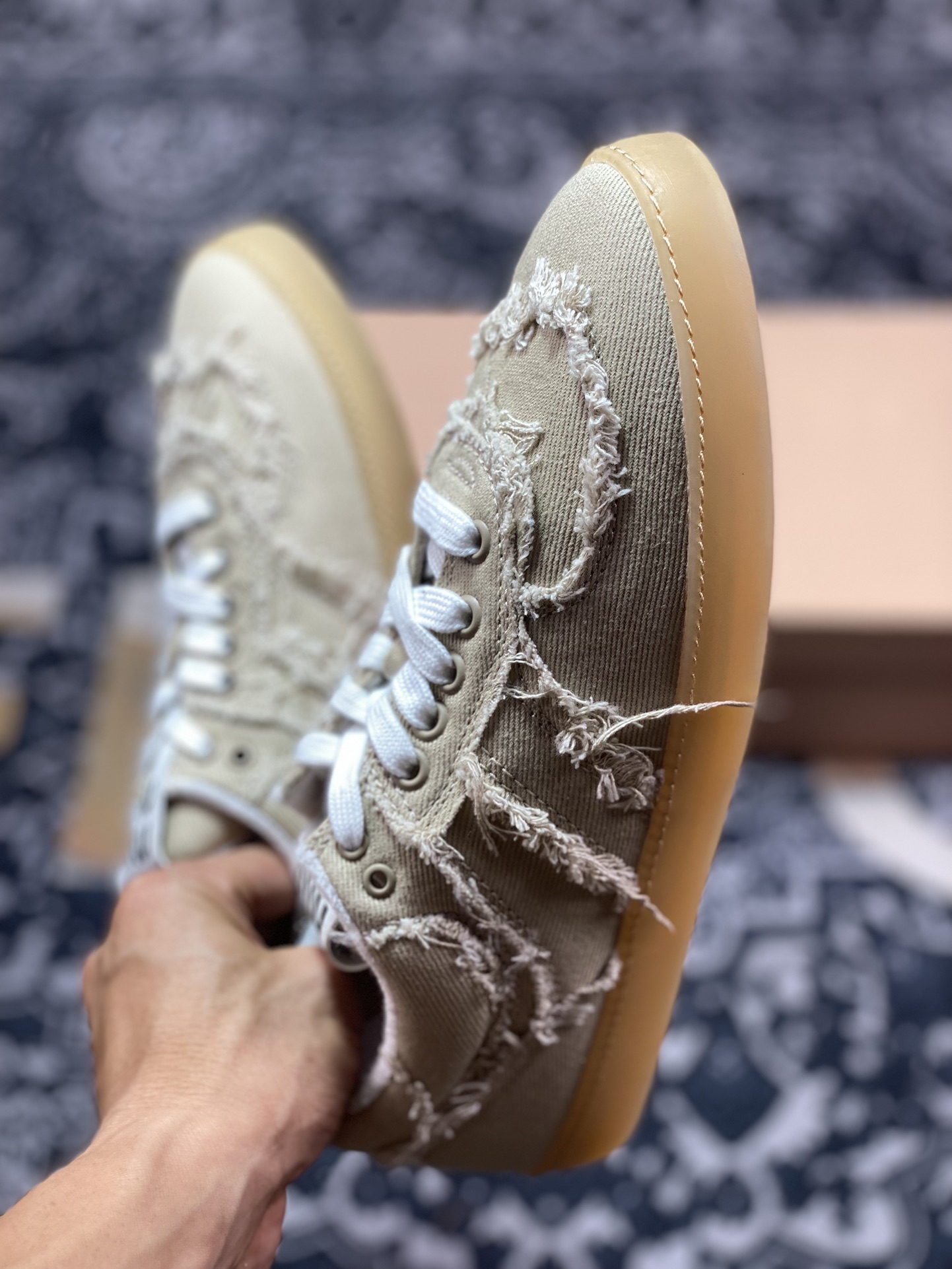 缪缪/MiuMiu Denim Low Sneakers 丹宁牛仔系列低帮板鞋“帆布浅卡其黄须边生胶底”5E325E_CSL_F0044_F_005