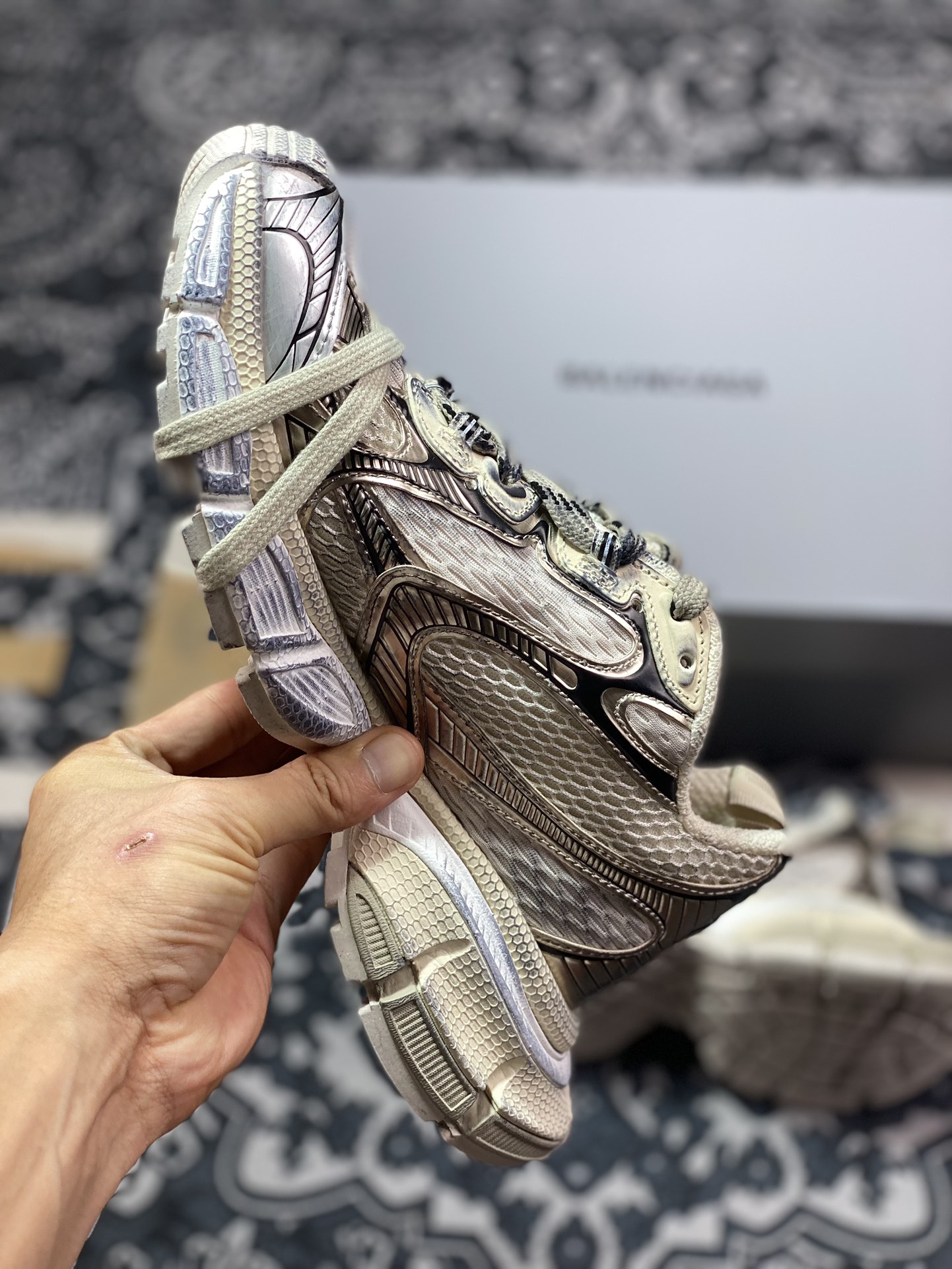 巴黎世家BALENCIAGA 3XL Sneakers 3+系列低帮复古阔型底姥爹风潮流百搭休闲慢跑鞋“网织奶白玫瑰金做旧”734731 W3XL59110