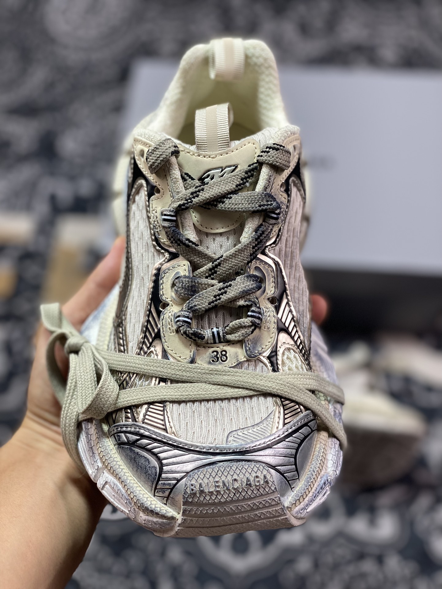 巴黎世家BALENCIAGA 3XL Sneakers 3+系列低帮复古阔型底姥爹风潮流百搭休闲慢跑鞋“网织奶白玫瑰金做旧”734731 W3XL59110