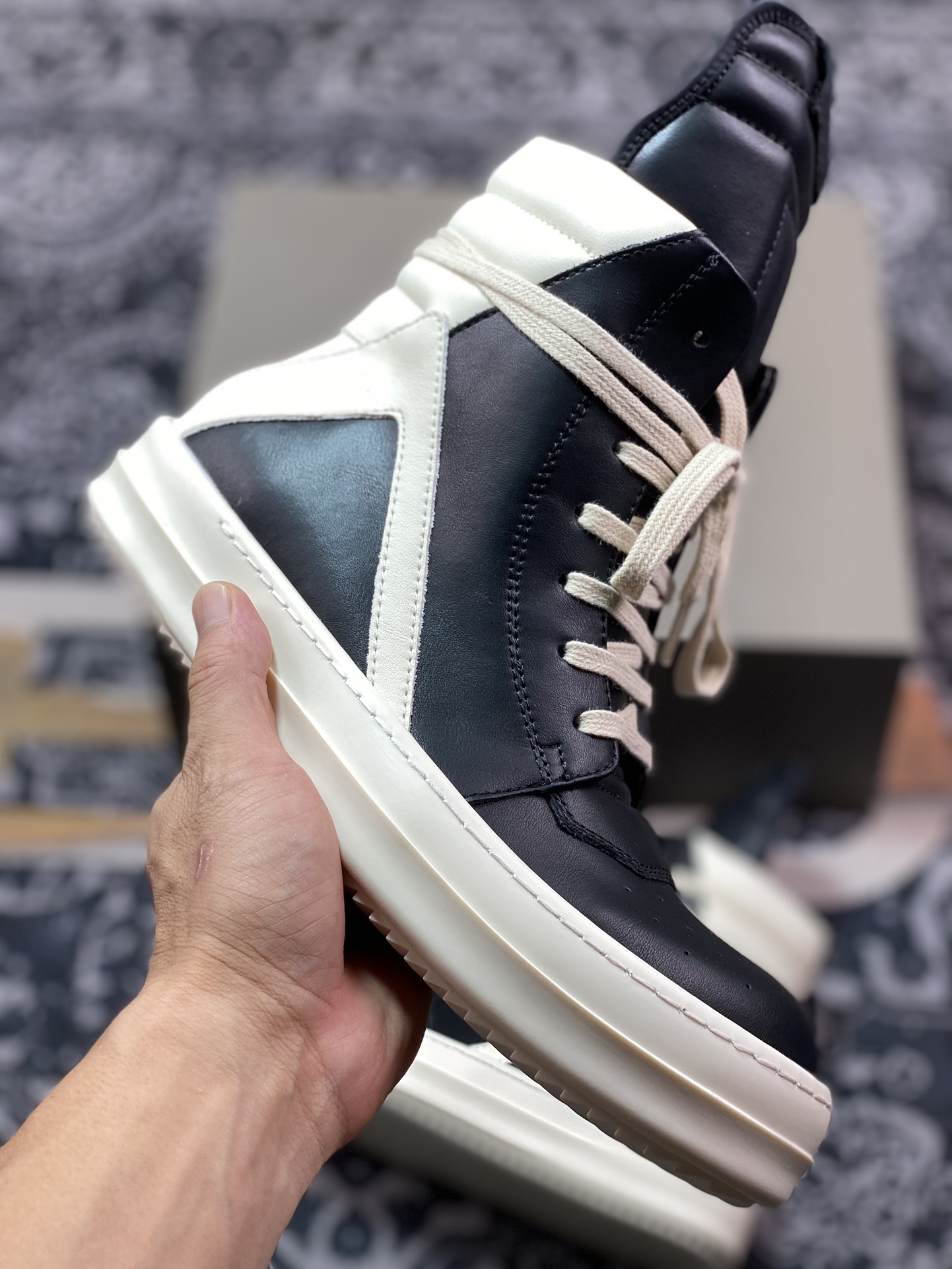 纯原 Rick Owens瑞克 欧文斯 23 Leather High Sneakers”Black/Milk” 暗黑高街经典休闲运动厚底板鞋