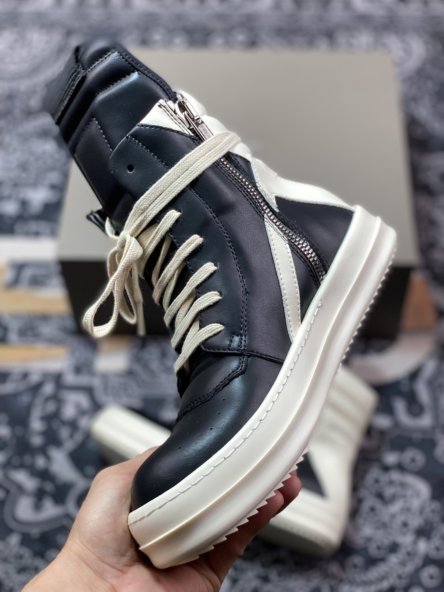 纯原 Rick Owens瑞克 欧文斯 23 Leather High Sneakers”Black/Milk” 暗黑高街经典休闲运动厚底板鞋