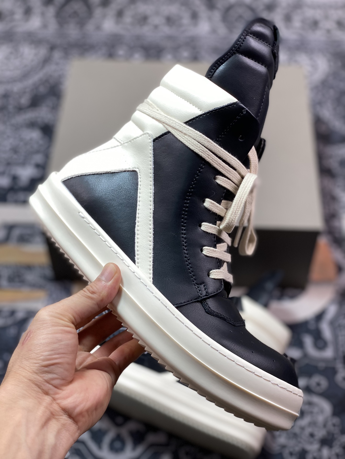 纯原 Rick Owens瑞克 欧文斯 23 Leather High Sneakers”Black/Milk” 暗黑高街经典休闲运动厚底板鞋