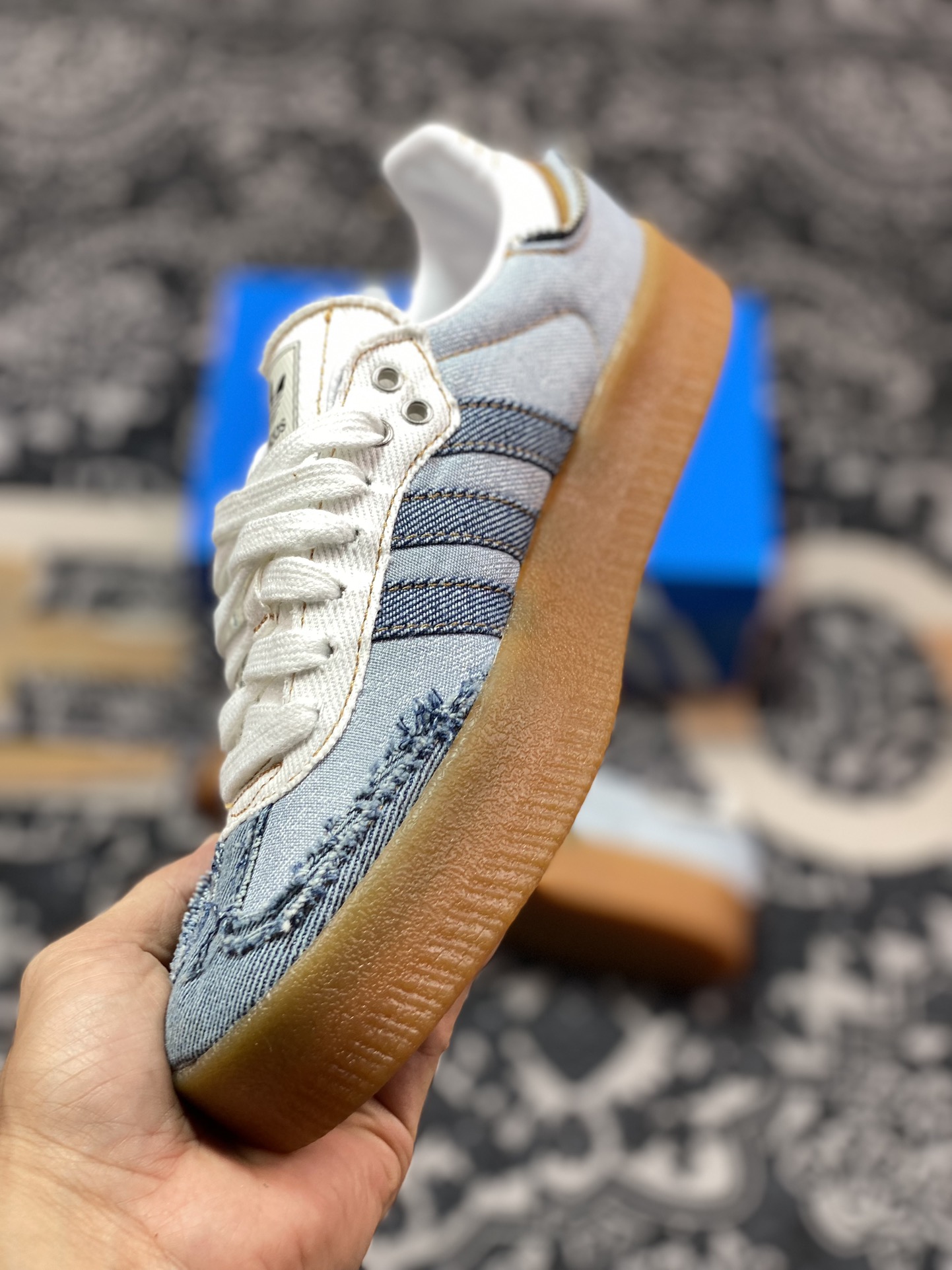 Atmos x Adidas Originals Sambae”Stacked Denim”桑巴舞加大厚底板鞋“拉链牛仔浅蓝深蓝生胶底”II0001