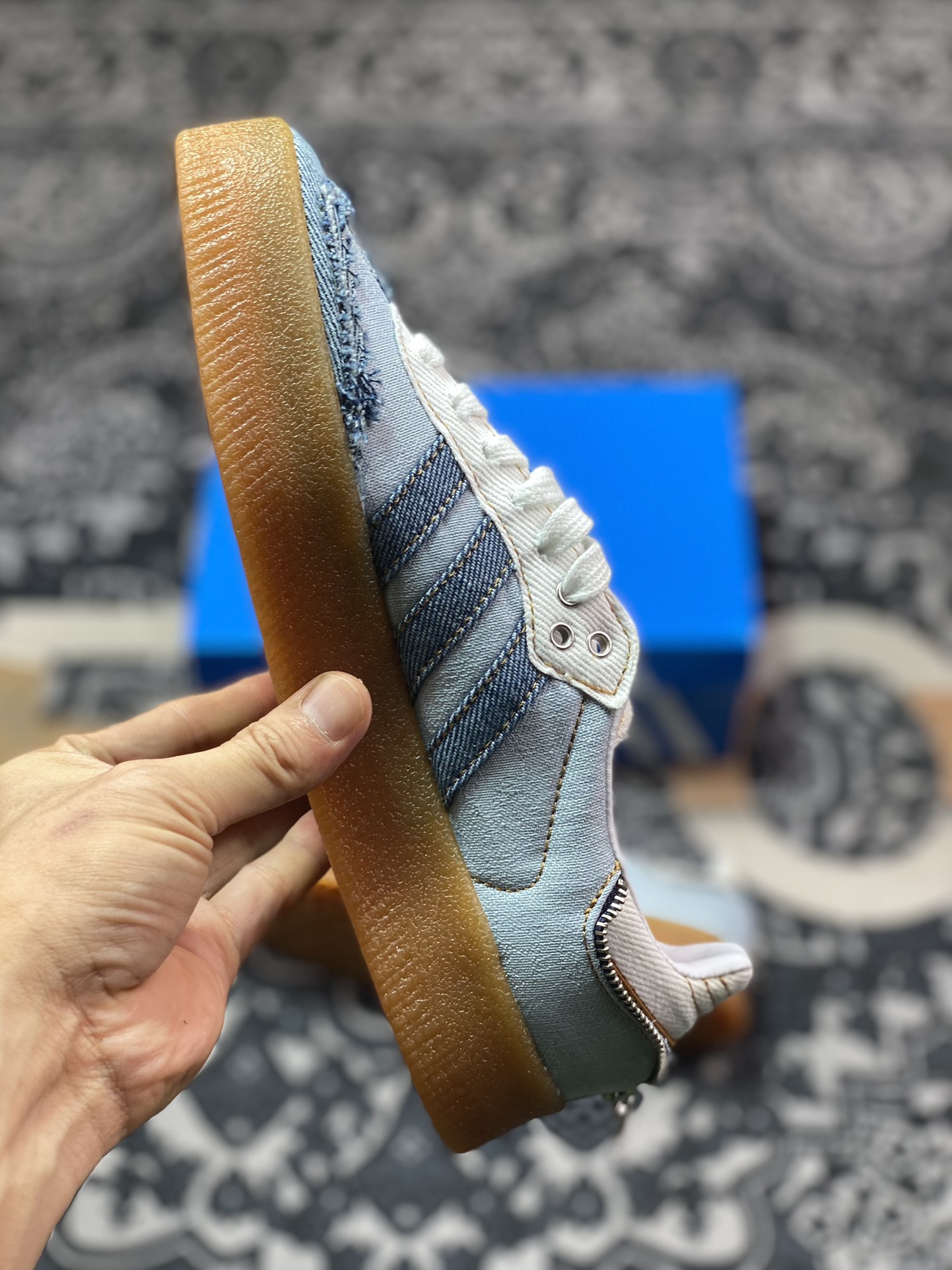 Atmos x Adidas Originals Sambae”Stacked Denim”桑巴舞加大厚底板鞋“拉链牛仔浅蓝深蓝生胶底”II0001